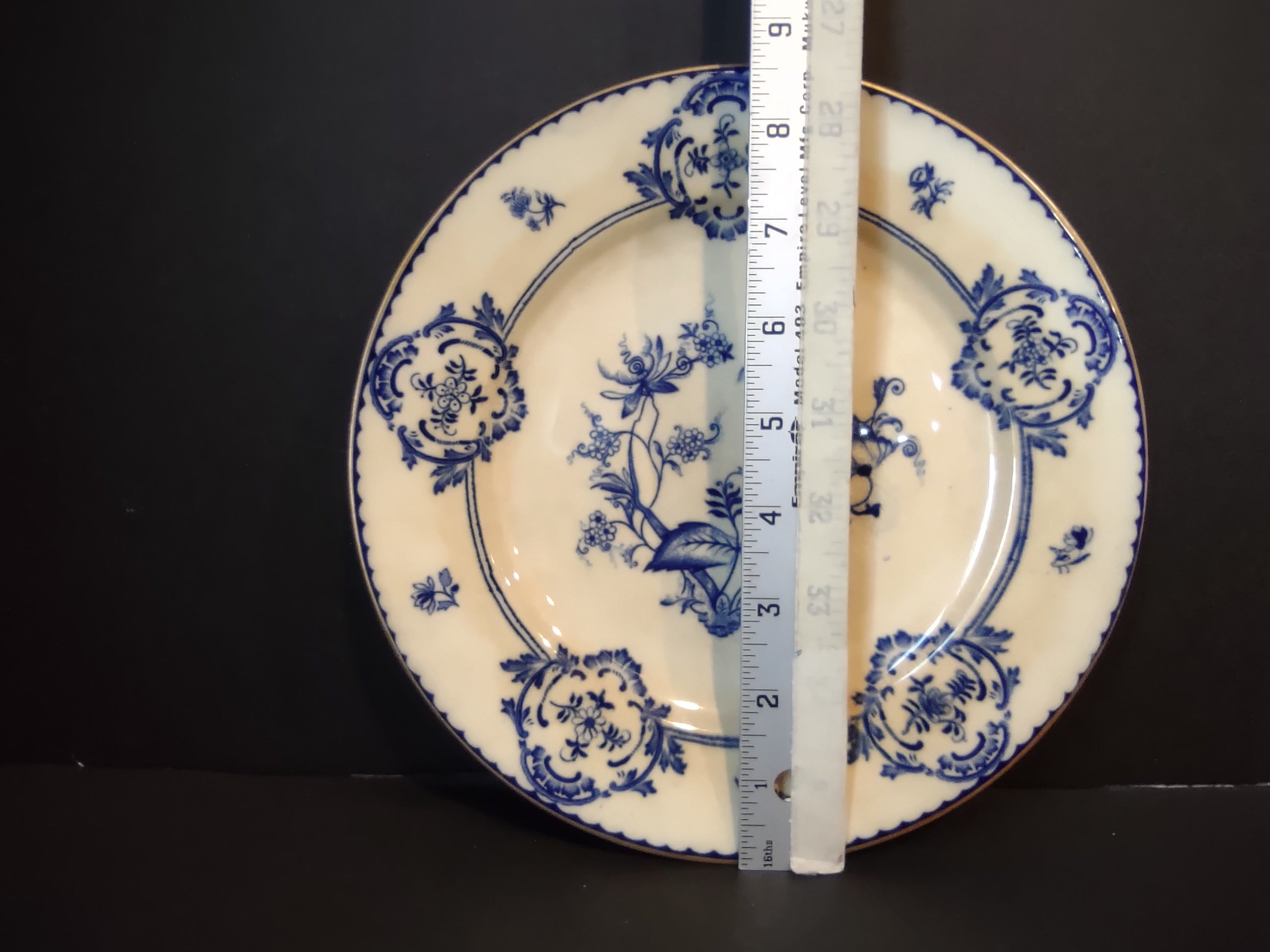 Vintage Stoke China England Blue White Floral Transfer Plate Gold Rim [6372]