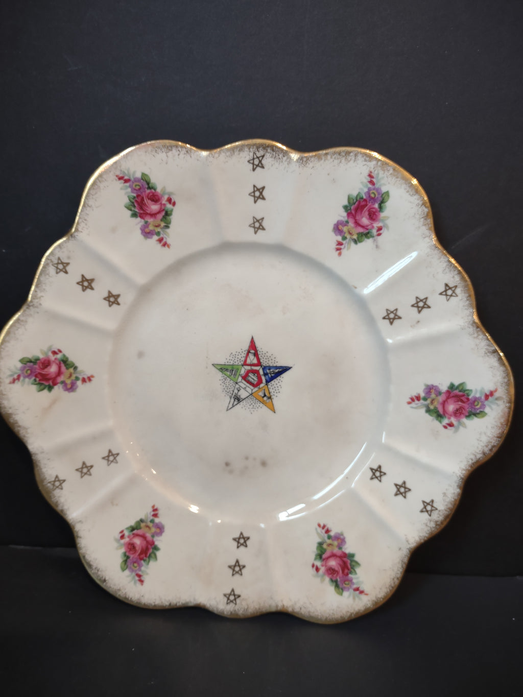 Vintage Royal Stuart England OES Eastern Star Rose Floral Plate Gold [6373]