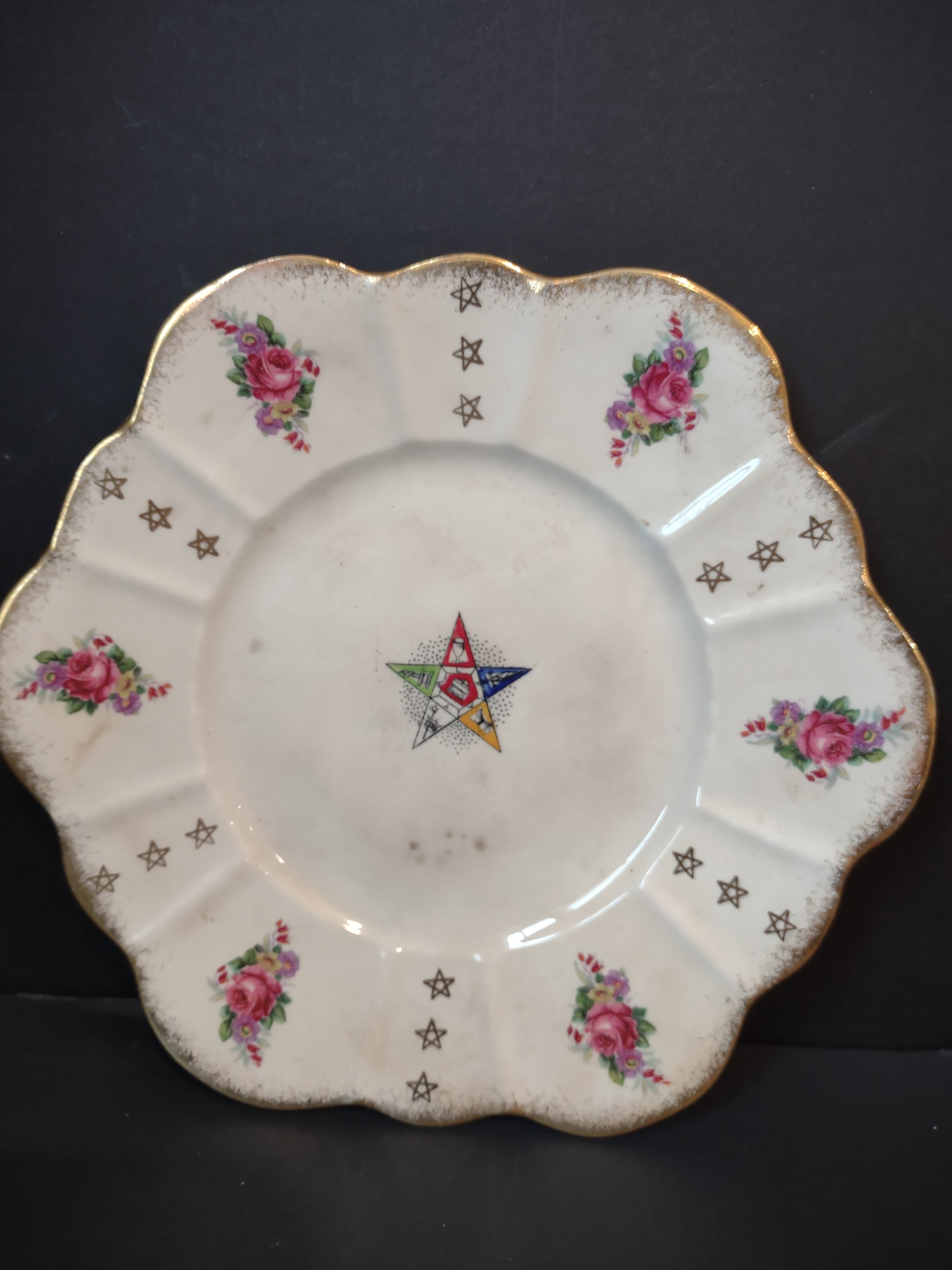 Vintage Royal Stuart England OES Eastern Star Rose Floral Plate Gold [6373]