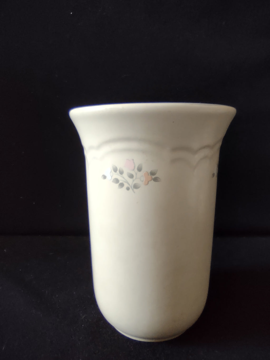 Vintage Pfaltzgraff Remembrance Utensil Holder Vase Cream Pink Rose Gray Leaf [6387]
