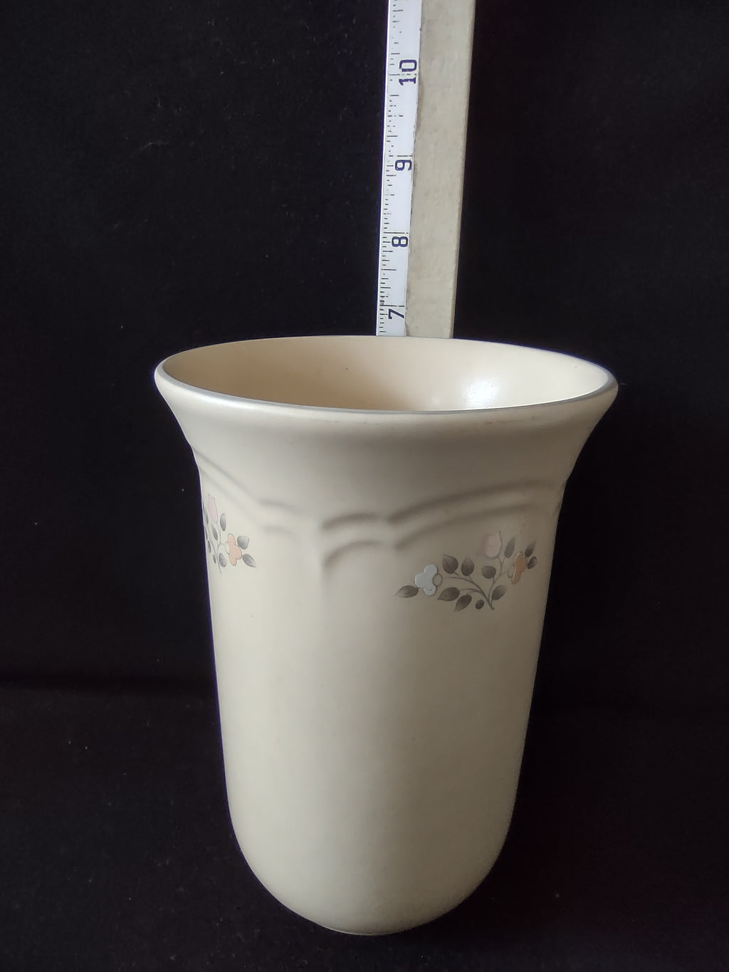 Vintage Pfaltzgraff Remembrance Utensil Holder Vase Cream Pink Rose Gray Leaf [6387]