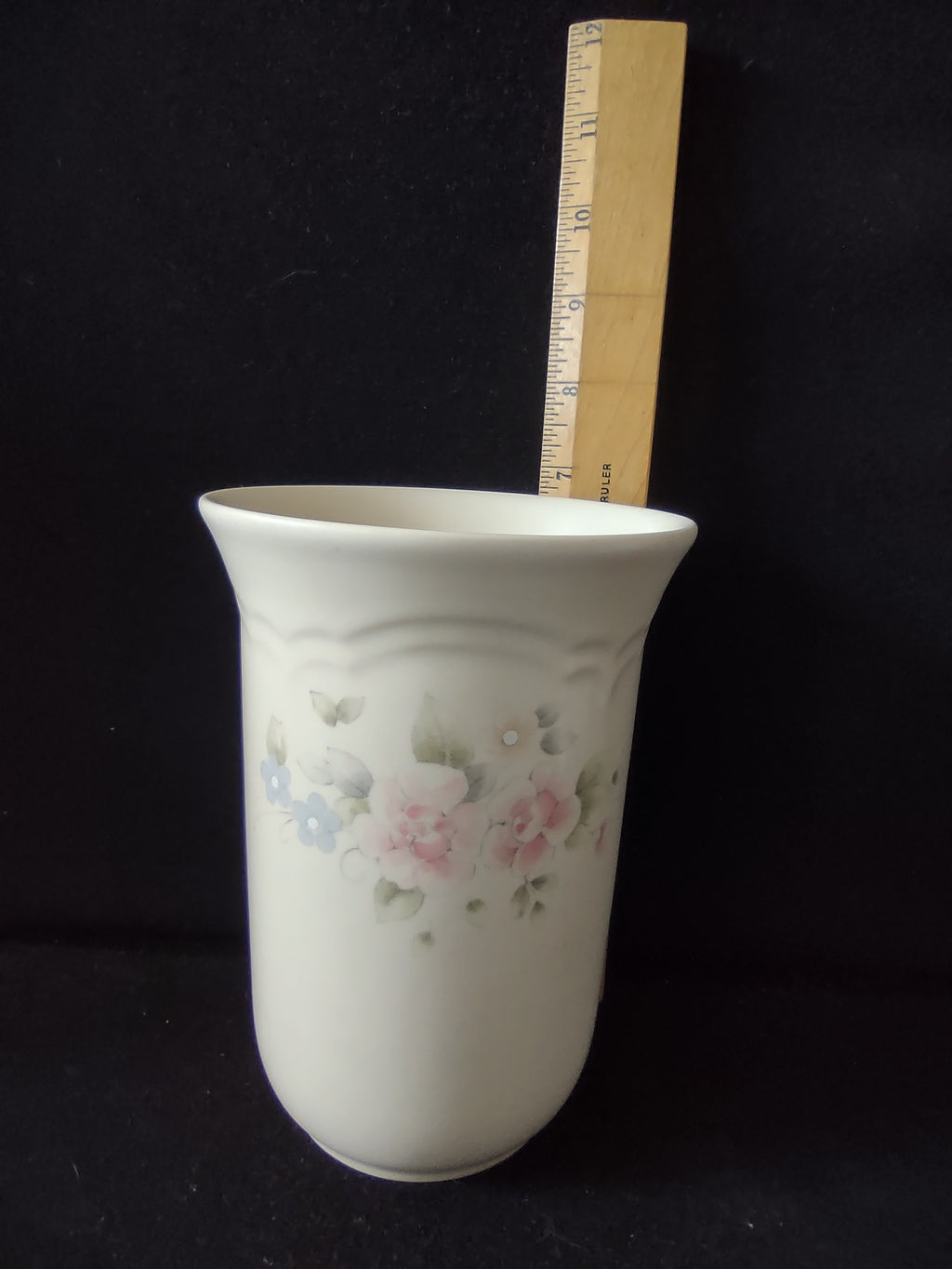 Vintage Pfaltzgraff Tea Rose Utensil Holder Vase Pink Blue Floral Cream USA [6392]