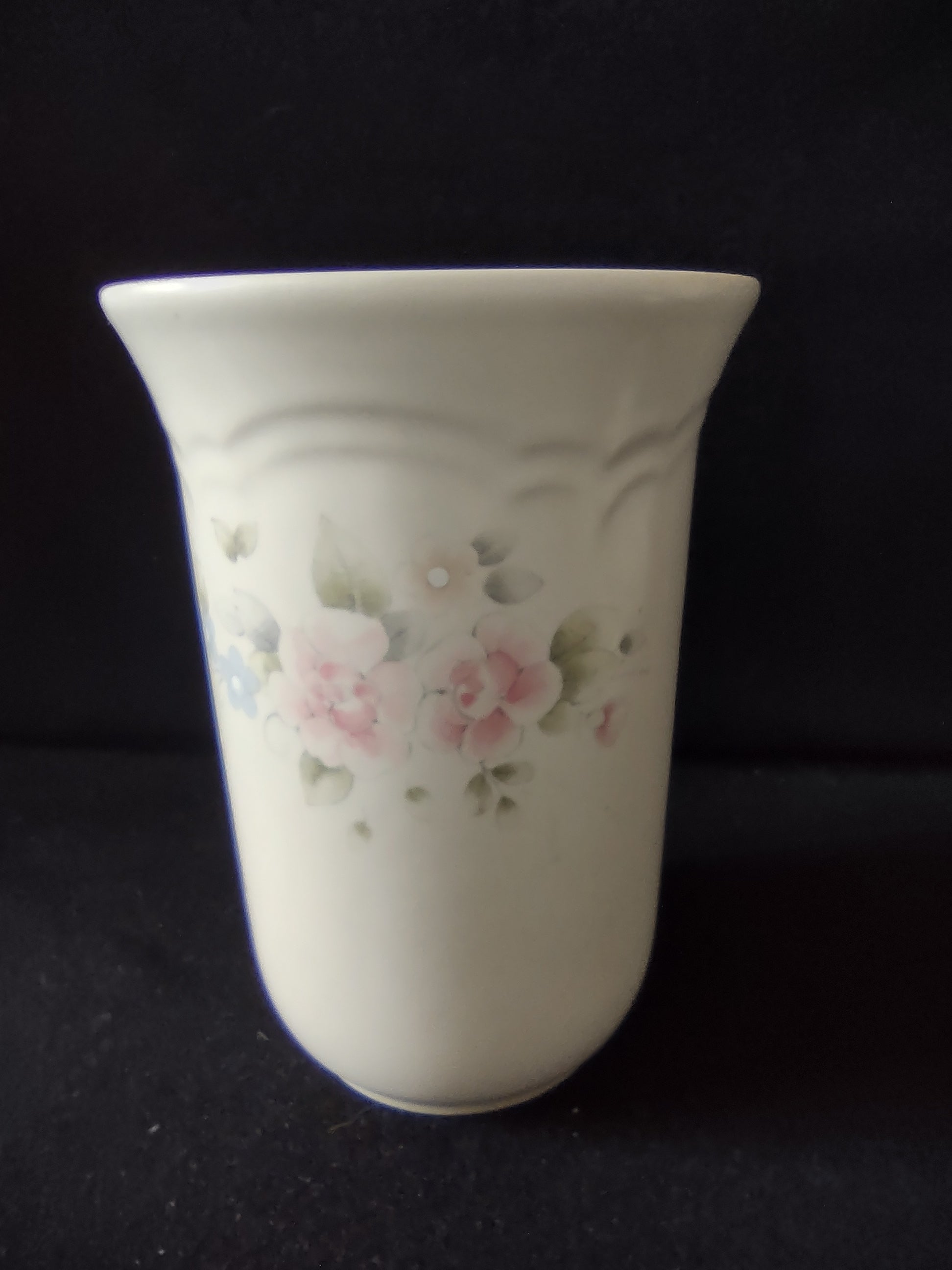 Vintage Pfaltzgraff Tea Rose Utensil Holder Vase Pink Blue Floral Cream USA [6392]