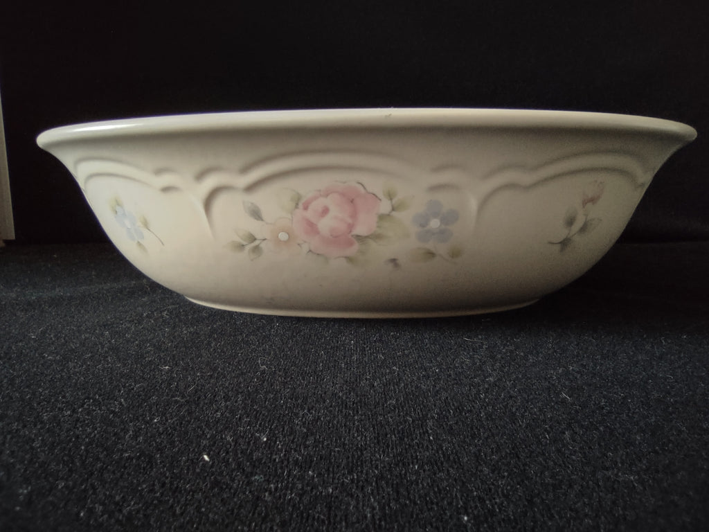 Vintage Tea Rose Oval Serving Bowl Cream Pink Blue Floral Embossed [6394]