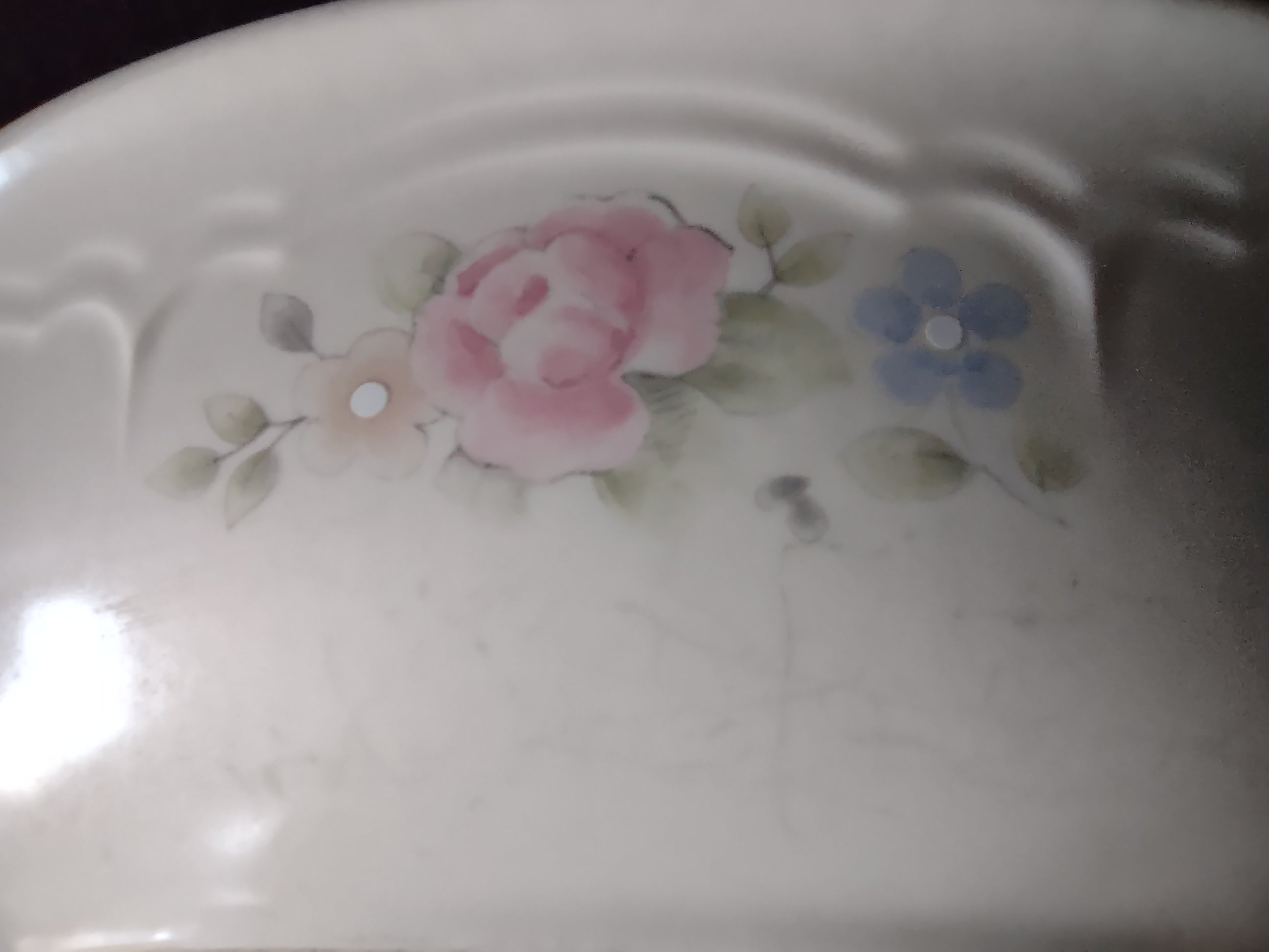 Vintage Tea Rose Oval Serving Bowl Cream Pink Blue Floral Embossed [6394]