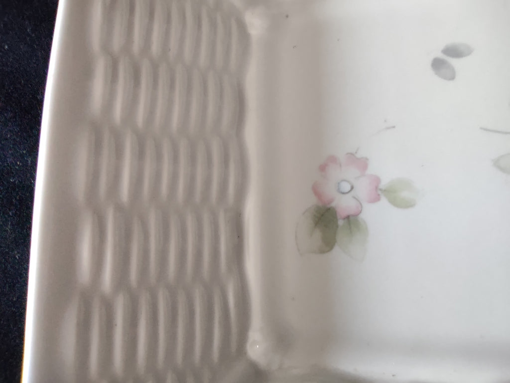 Vintage Pfaltzgraff Tea Rose Ceramic Basketweave Rectangular Tray Pink Blue [6396]