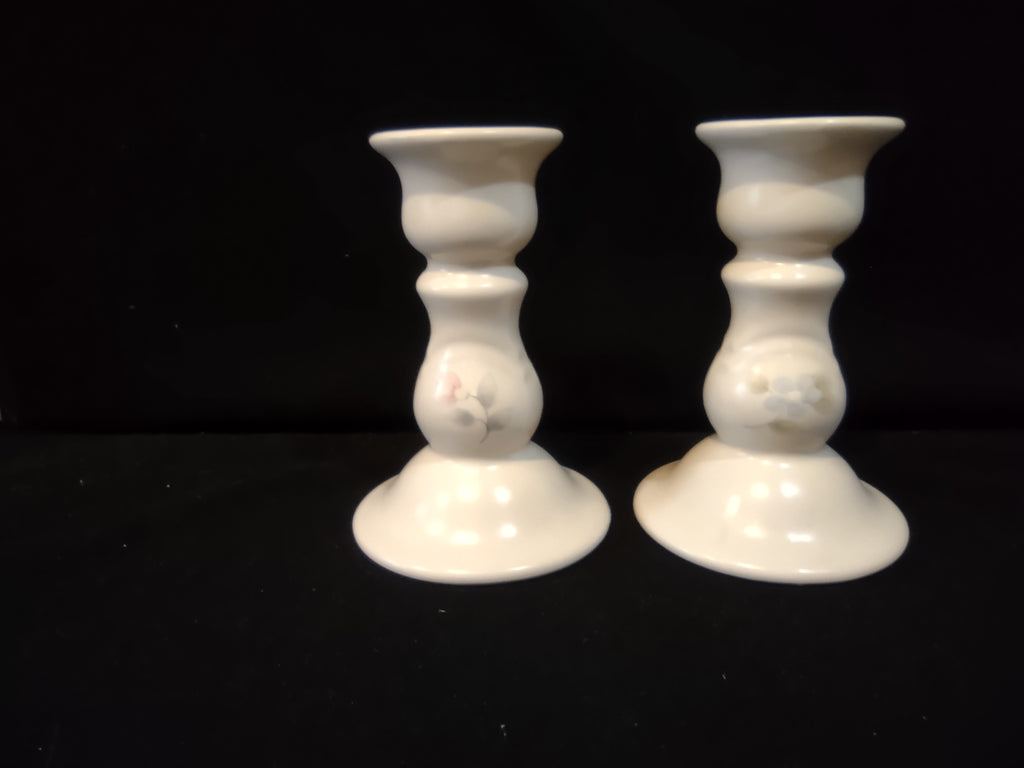 Vintage Pfaltzgraff Tea Rose Ceramic Candlestick Holders Pair Embossed Floral [6400]