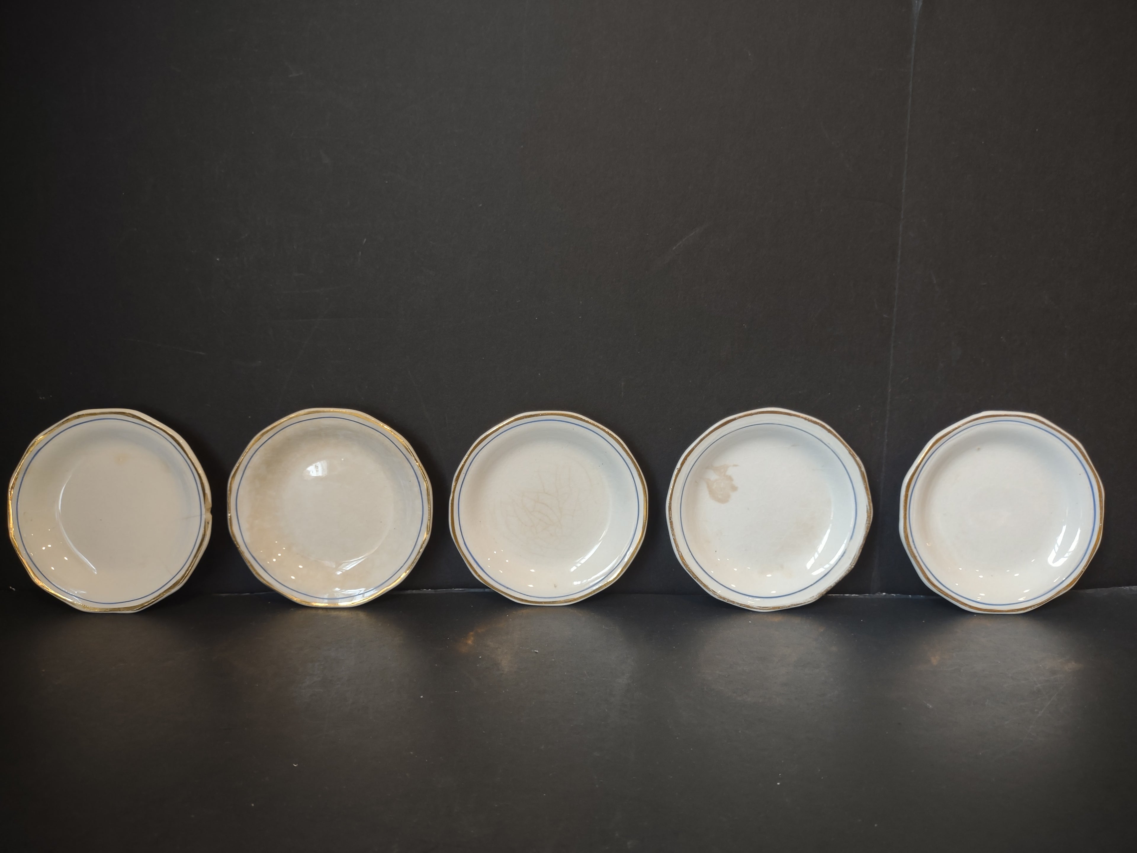 Vintage White Blue Gold Band Butter Pat Set of 6 [6473]