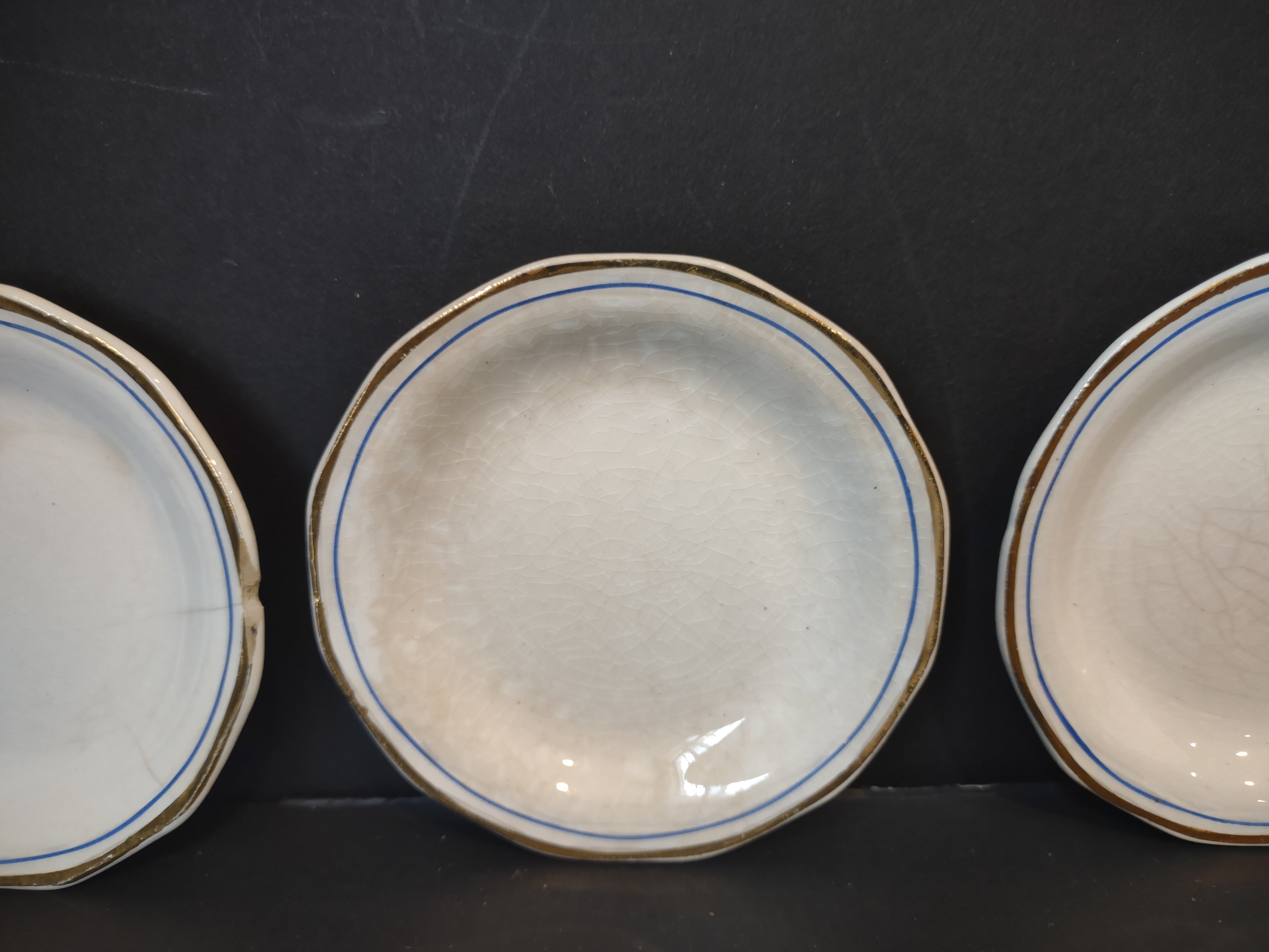 Vintage White Blue Gold Band Butter Pat Set of 6 [6473]