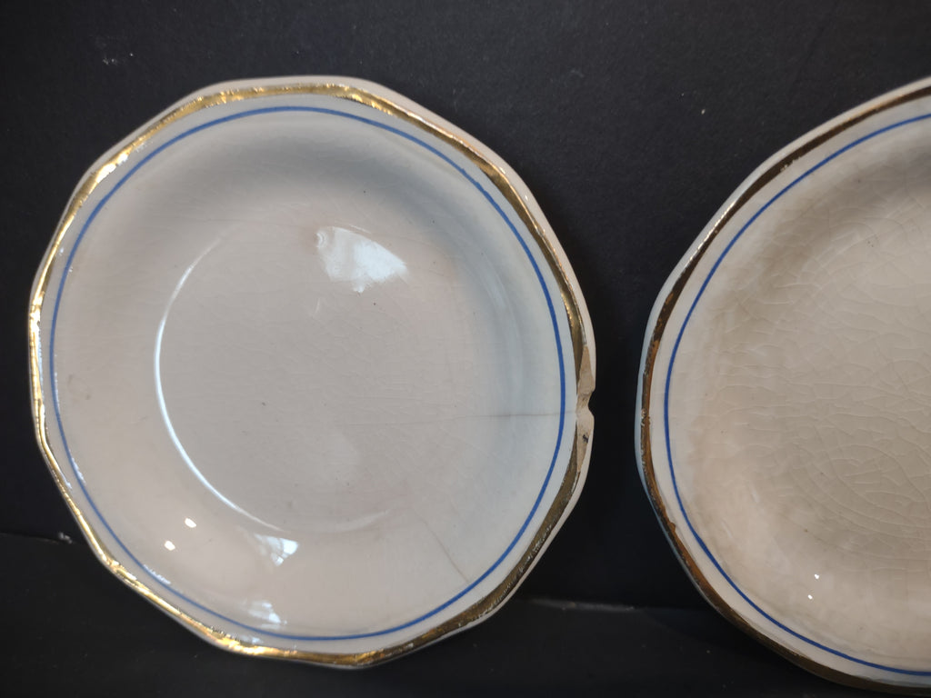 Vintage White Blue Gold Band Butter Pat Set of 6 [6473]