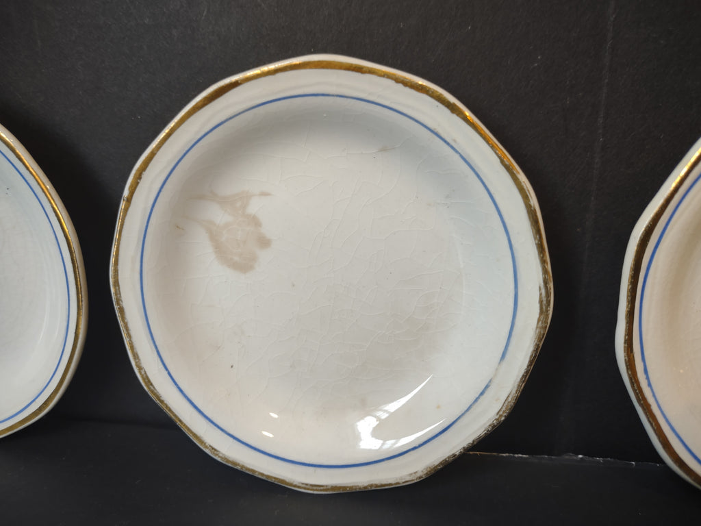 Vintage White Blue Gold Band Butter Pat Set of 6 [6473]