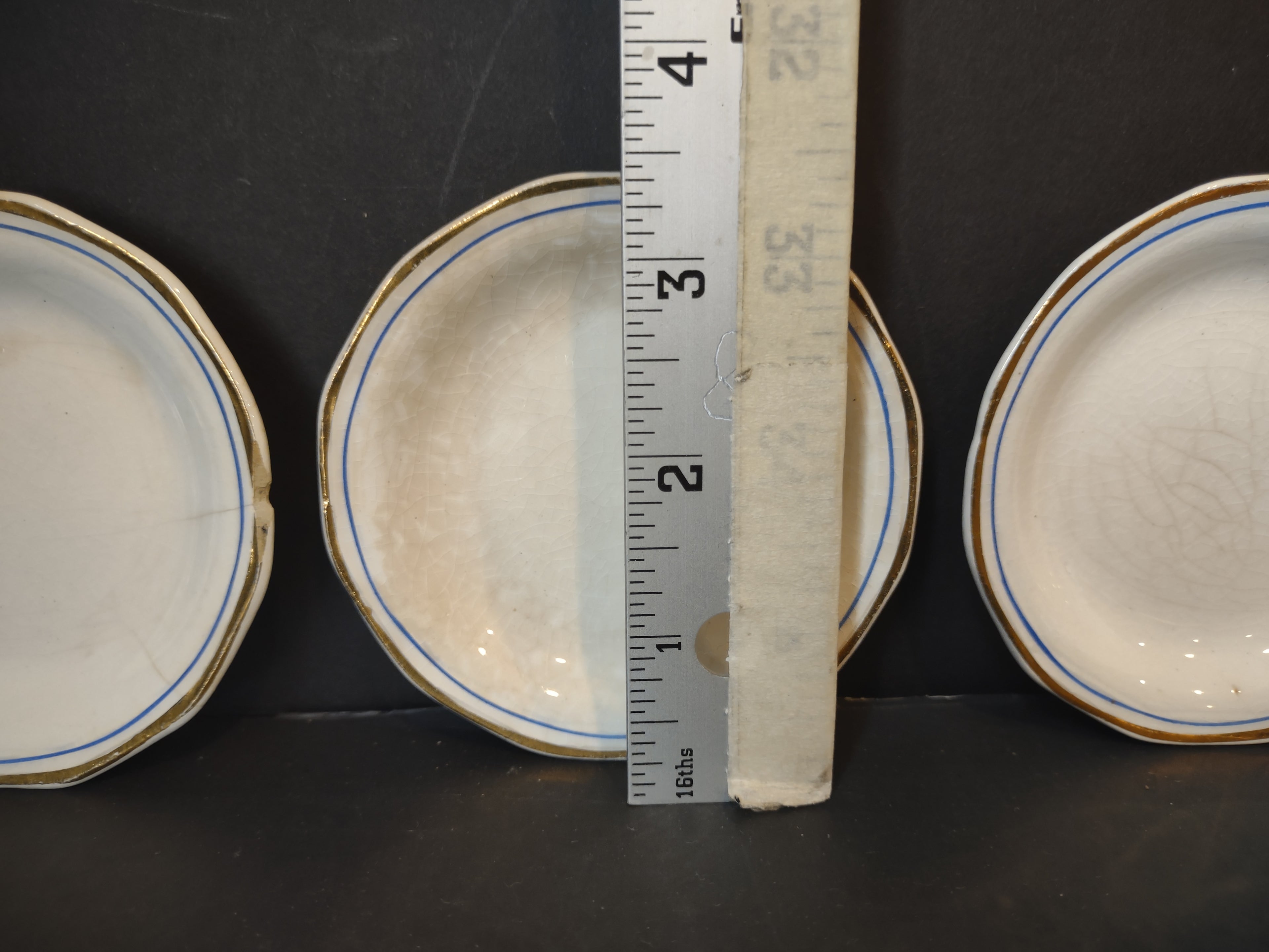 Vintage White Blue Gold Band Butter Pat Set of 6 [6473]