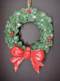 Vintage Hard Plastic Christmas Wreath Holly Red Bow Silver Glitter 12 In [4846]
