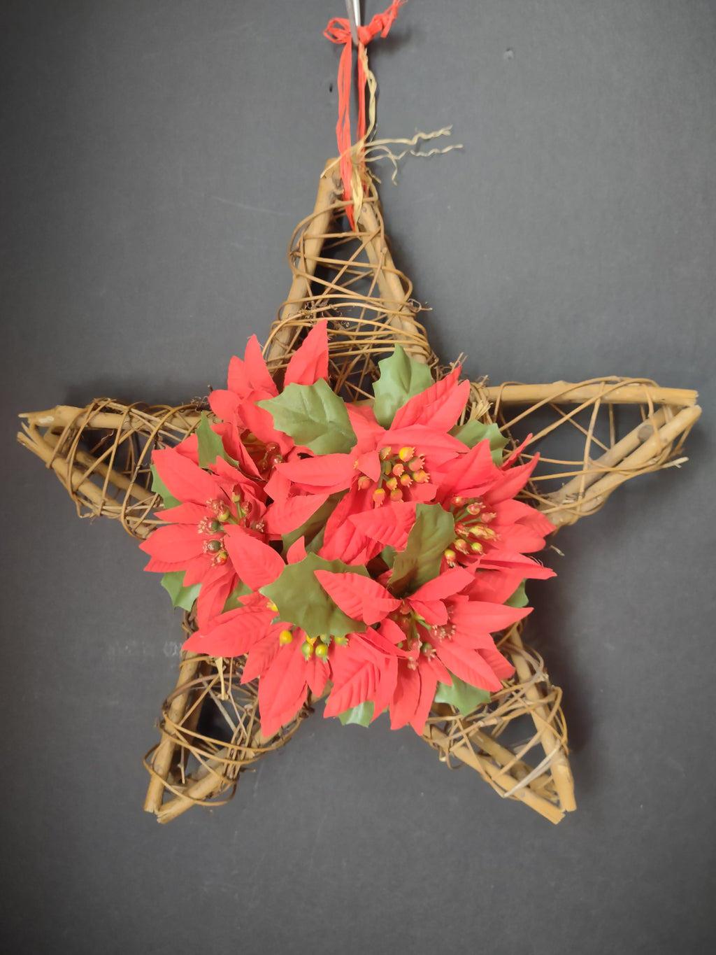 Vintage Christmas Grapevine Star Wall Hanging Red Poinsettia Floral [4848]