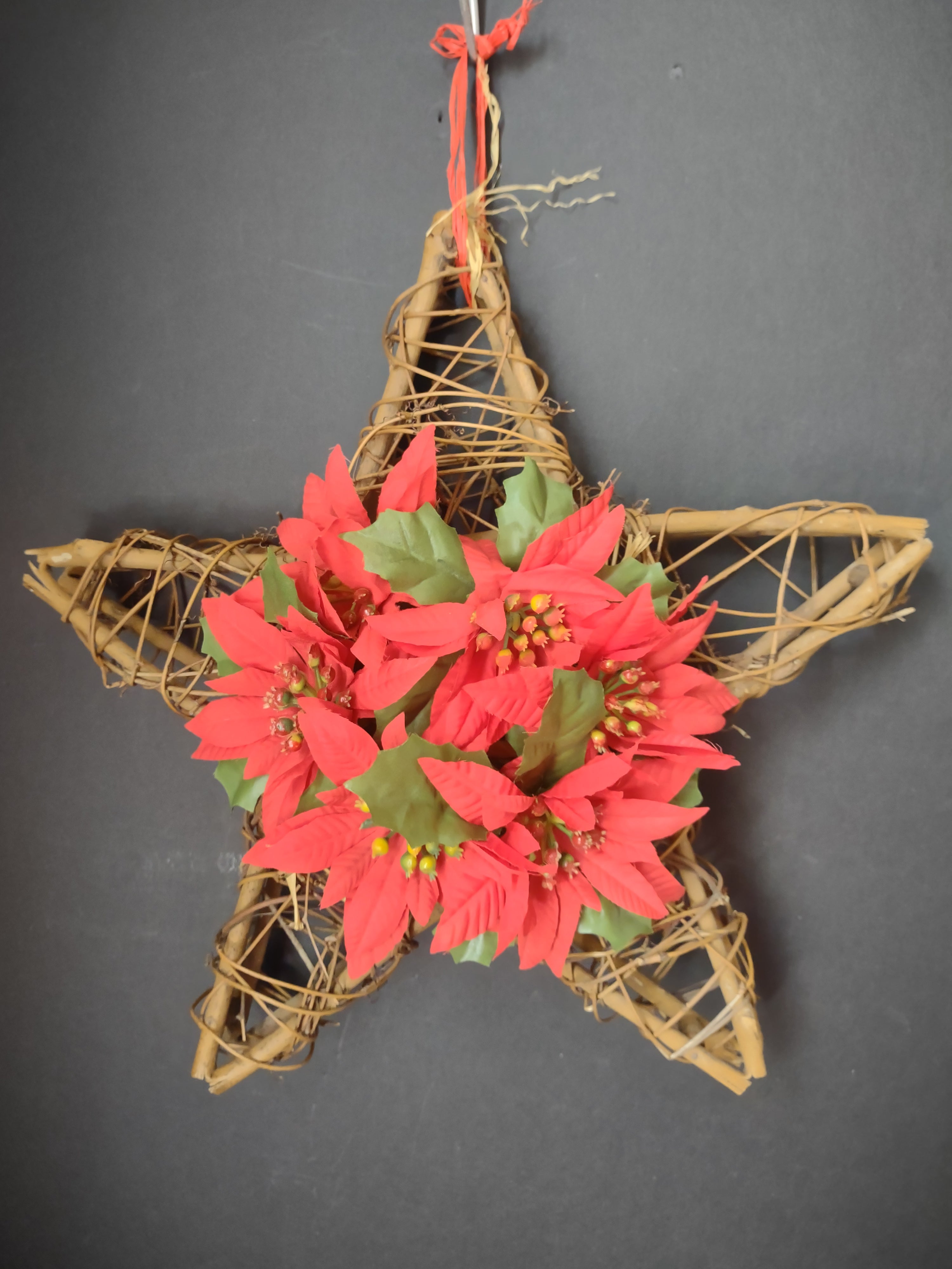 Vintage Christmas Grapevine Star Wall Hanging Red Poinsettia Floral [4848]