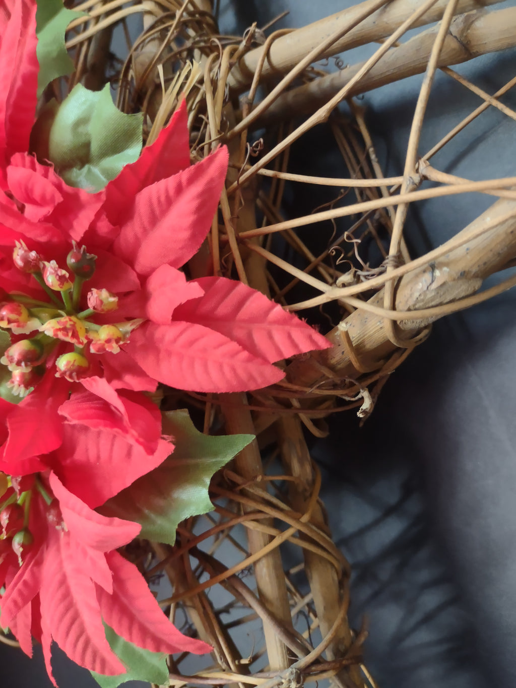 Vintage Christmas Grapevine Star Wall Hanging Red Poinsettia Floral [4848]
