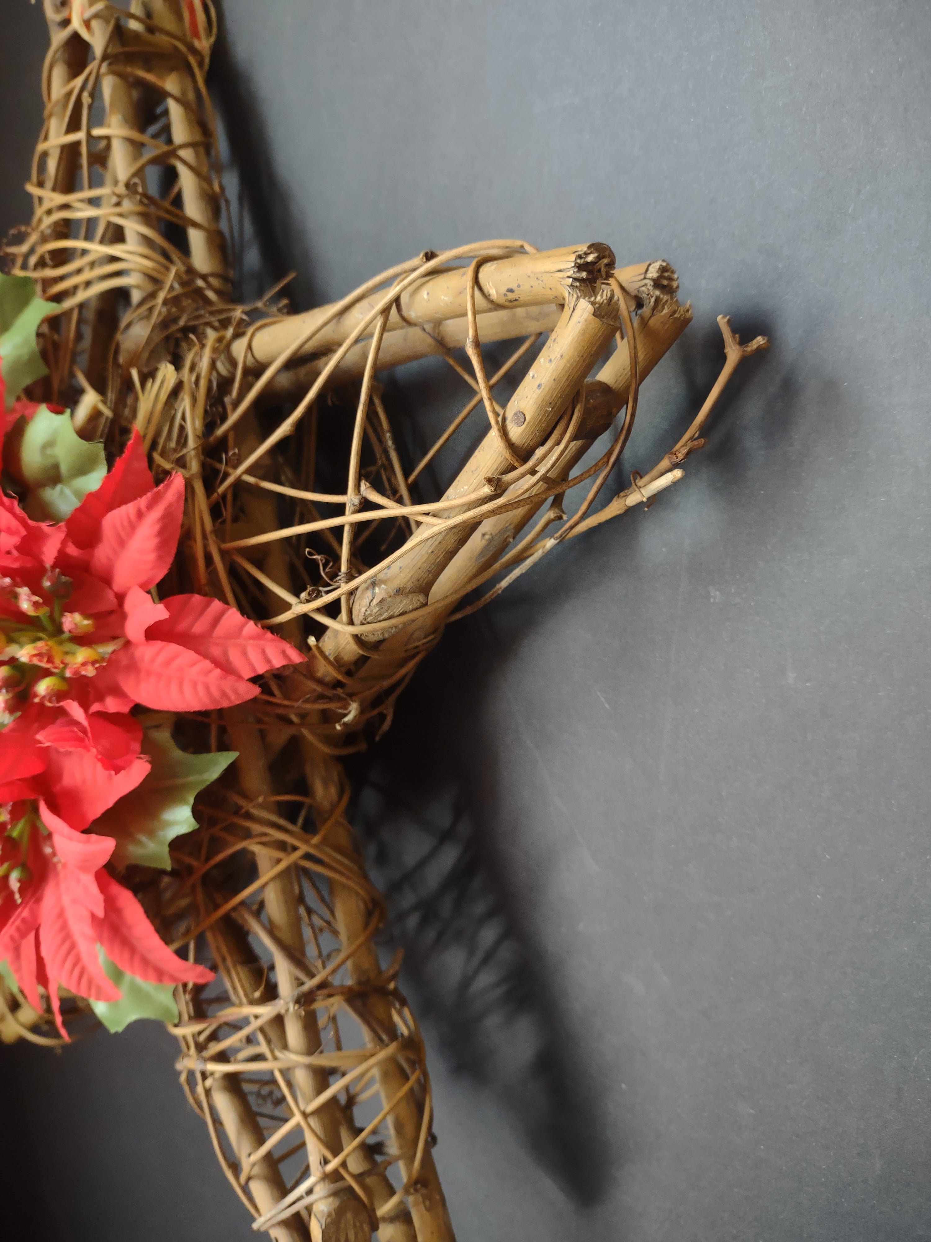 Vintage Christmas Grapevine Star Wall Hanging Red Poinsettia Floral [4848]
