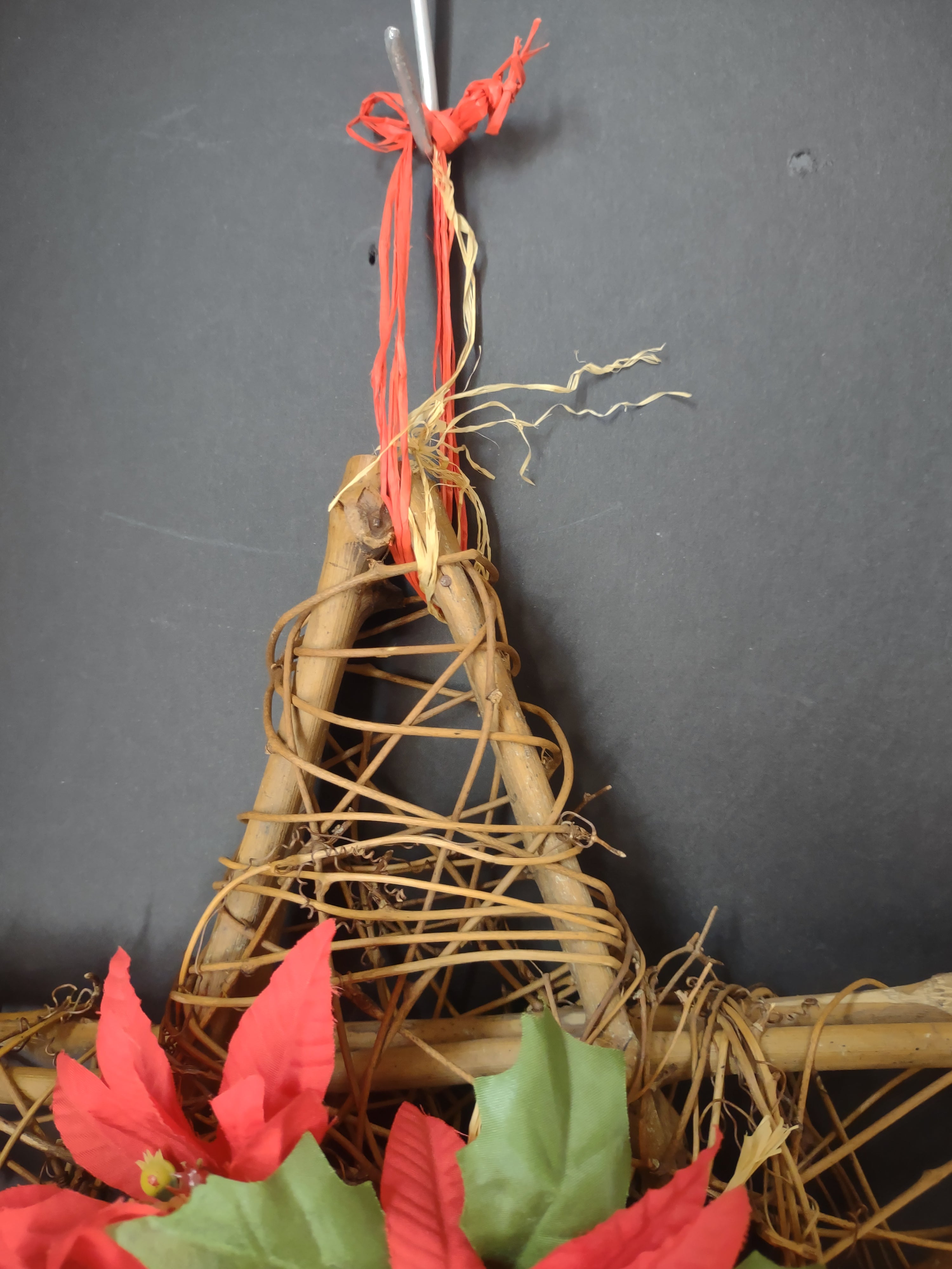 Vintage Christmas Grapevine Star Wall Hanging Red Poinsettia Floral [4848]