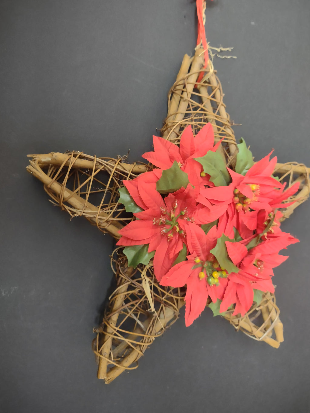 Vintage Christmas Grapevine Star Wall Hanging Red Poinsettia Floral [4848]