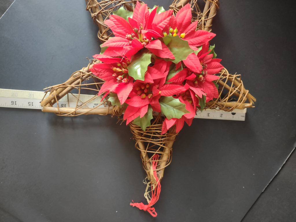 Vintage Christmas Grapevine Star Wall Hanging Red Poinsettia Floral [4848]