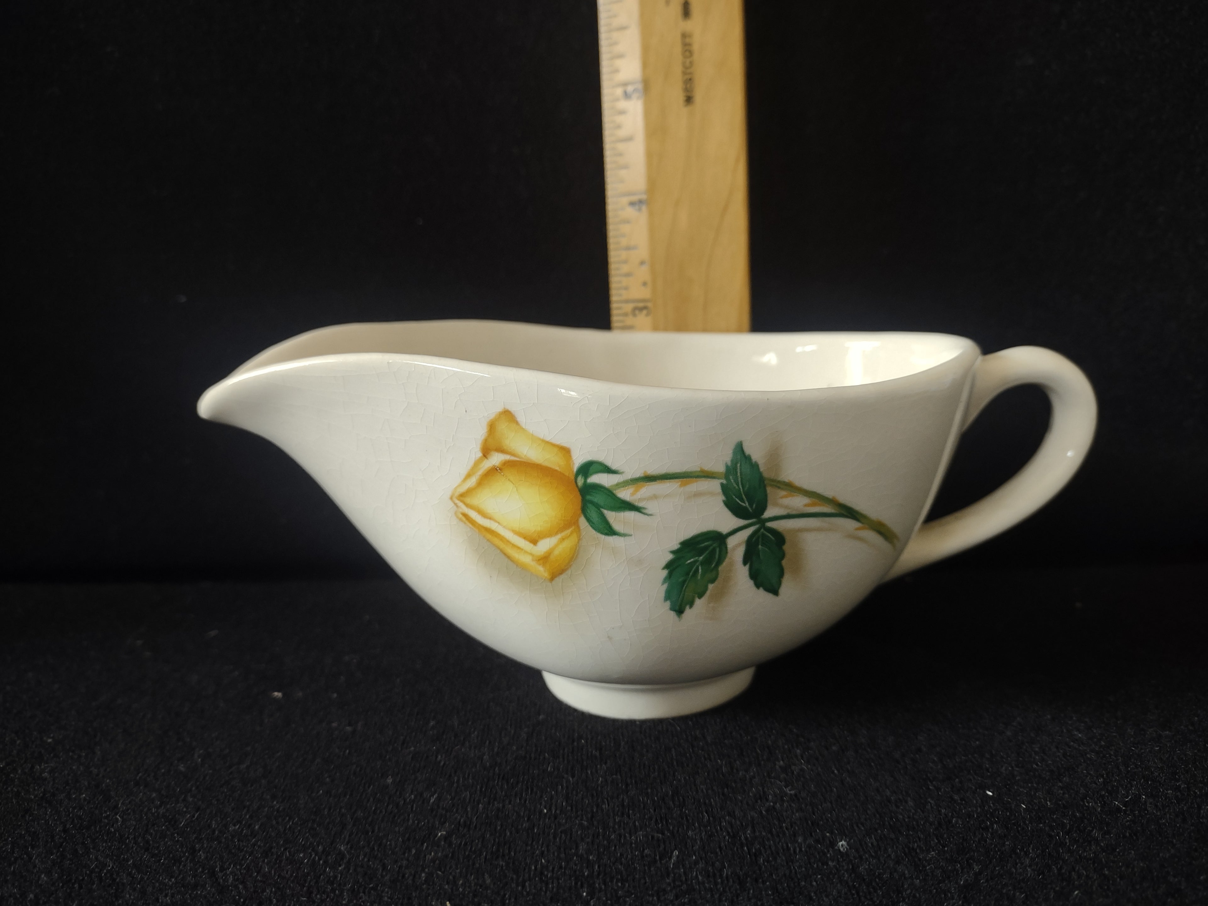 Vintage Yellow Rose Gravy Boat Ceramic USA White Cream [6454]