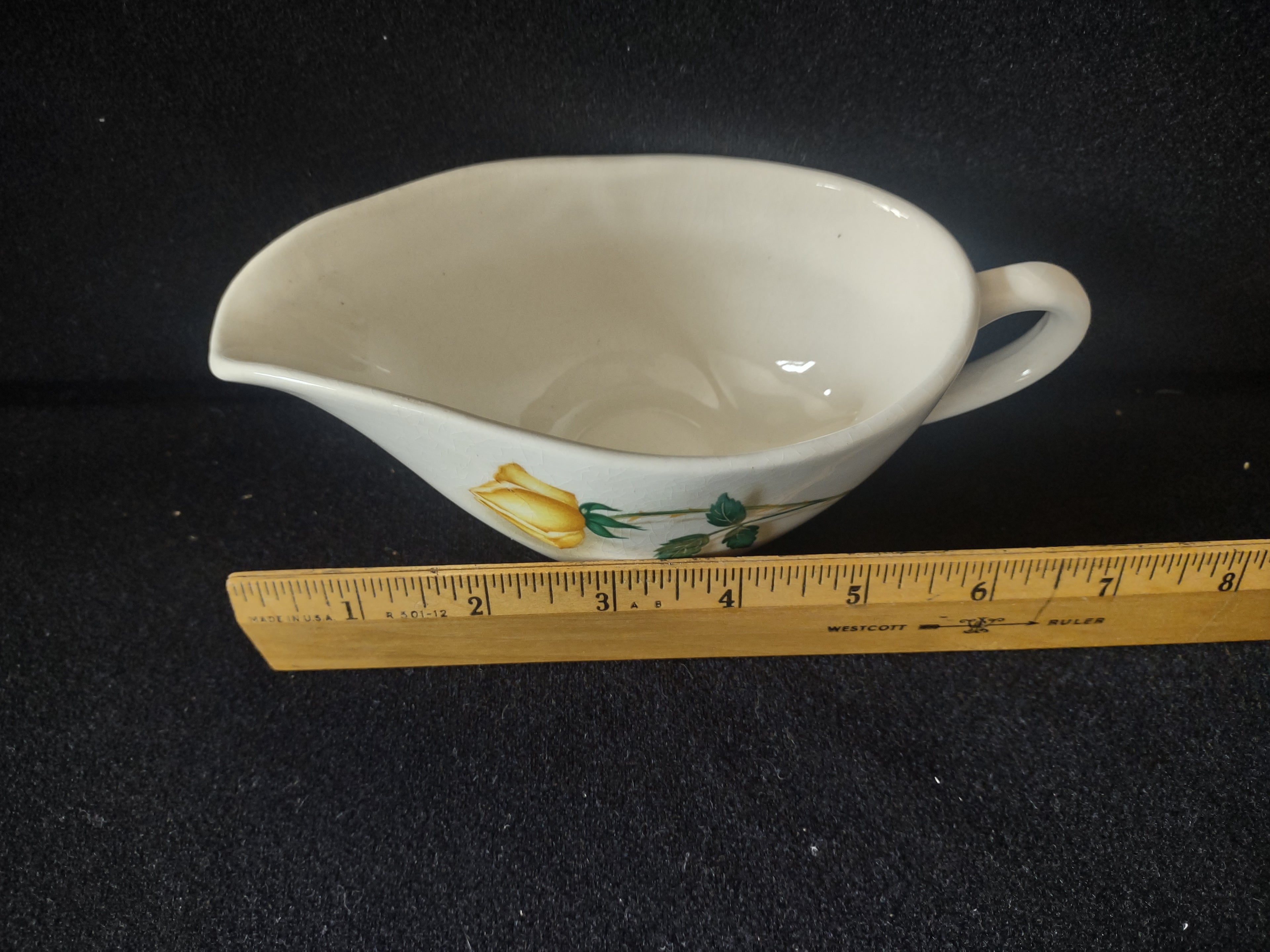 Vintage Yellow Rose Gravy Boat Ceramic USA White Cream [6454]