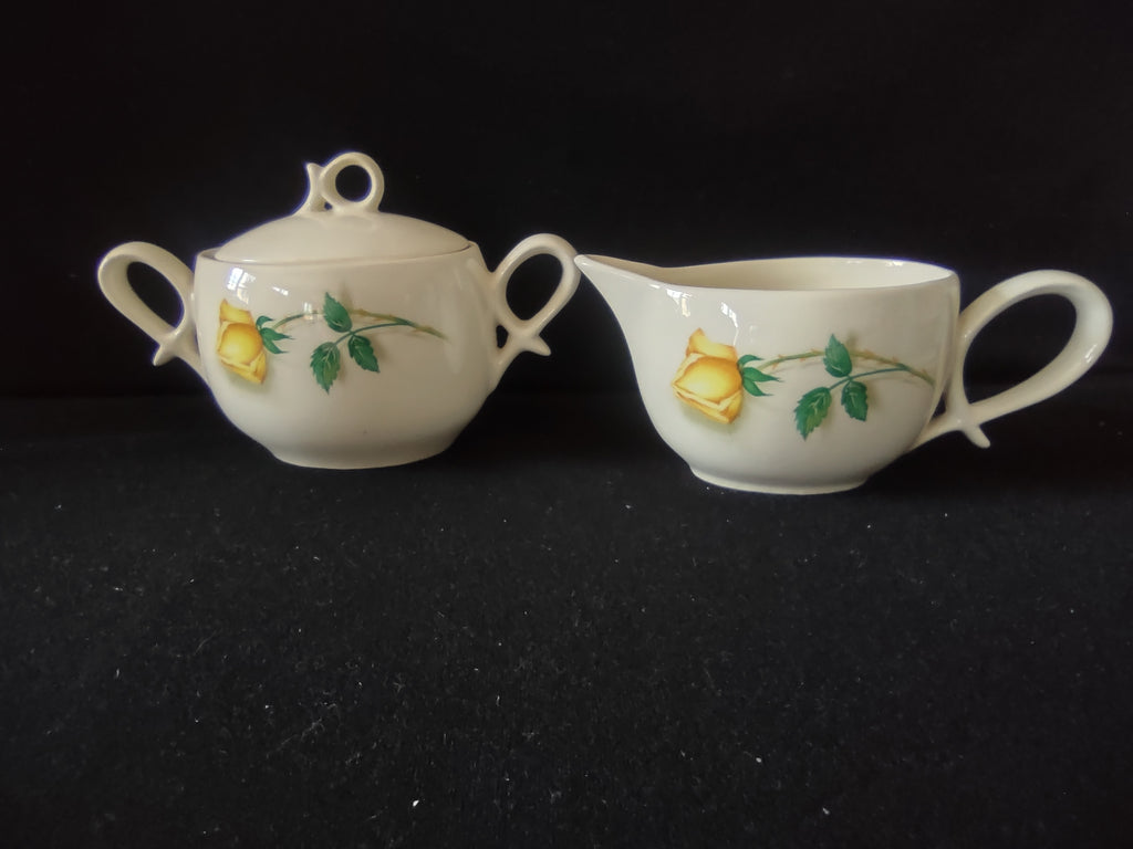 Vintage Yellow Rose Creamer & Sugar Bowl with Lid Cream Ceramic Mid-Century [6455]
