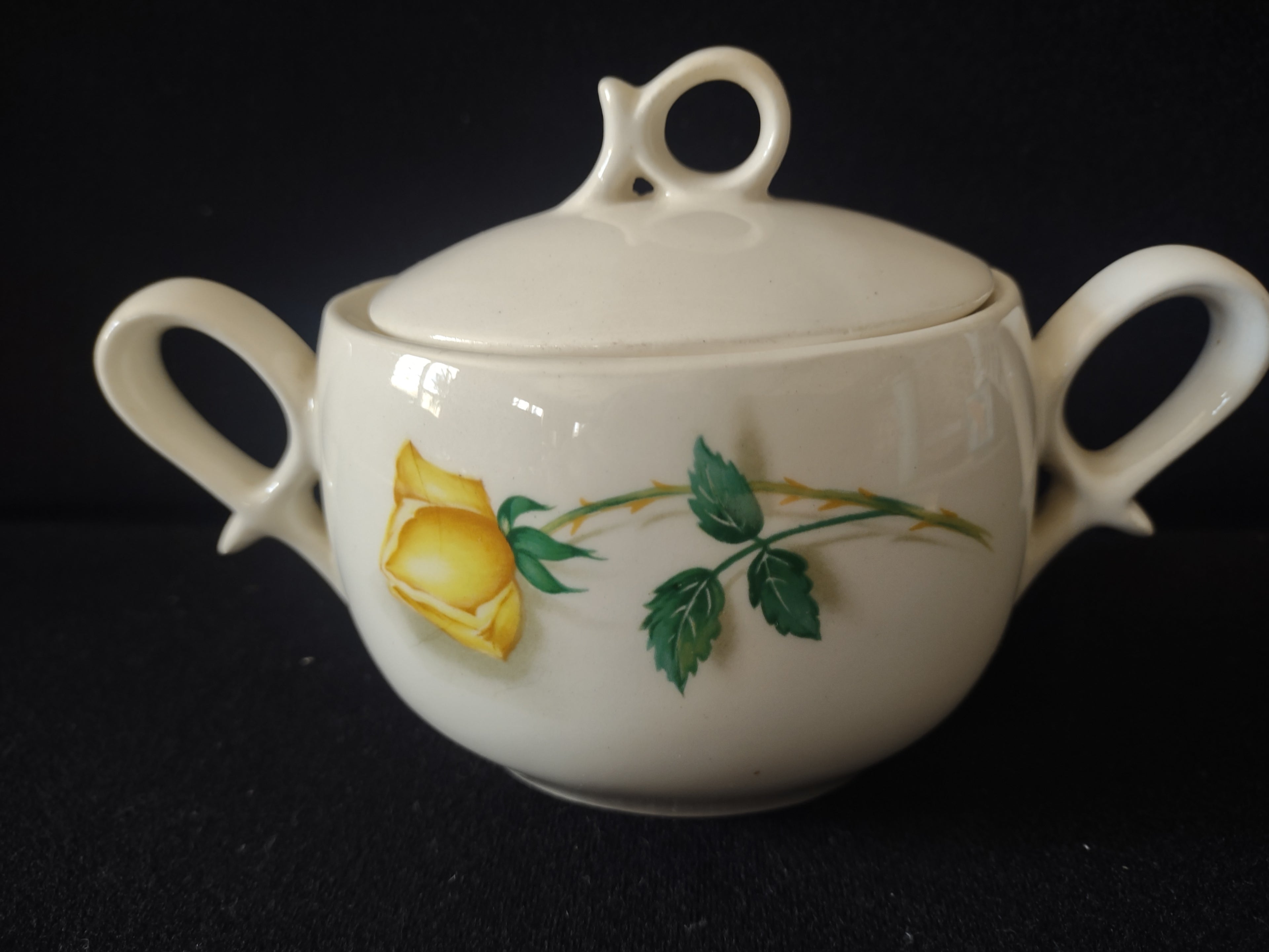 Vintage Yellow Rose Creamer & Sugar Bowl with Lid Cream Ceramic Mid-Century [6455]