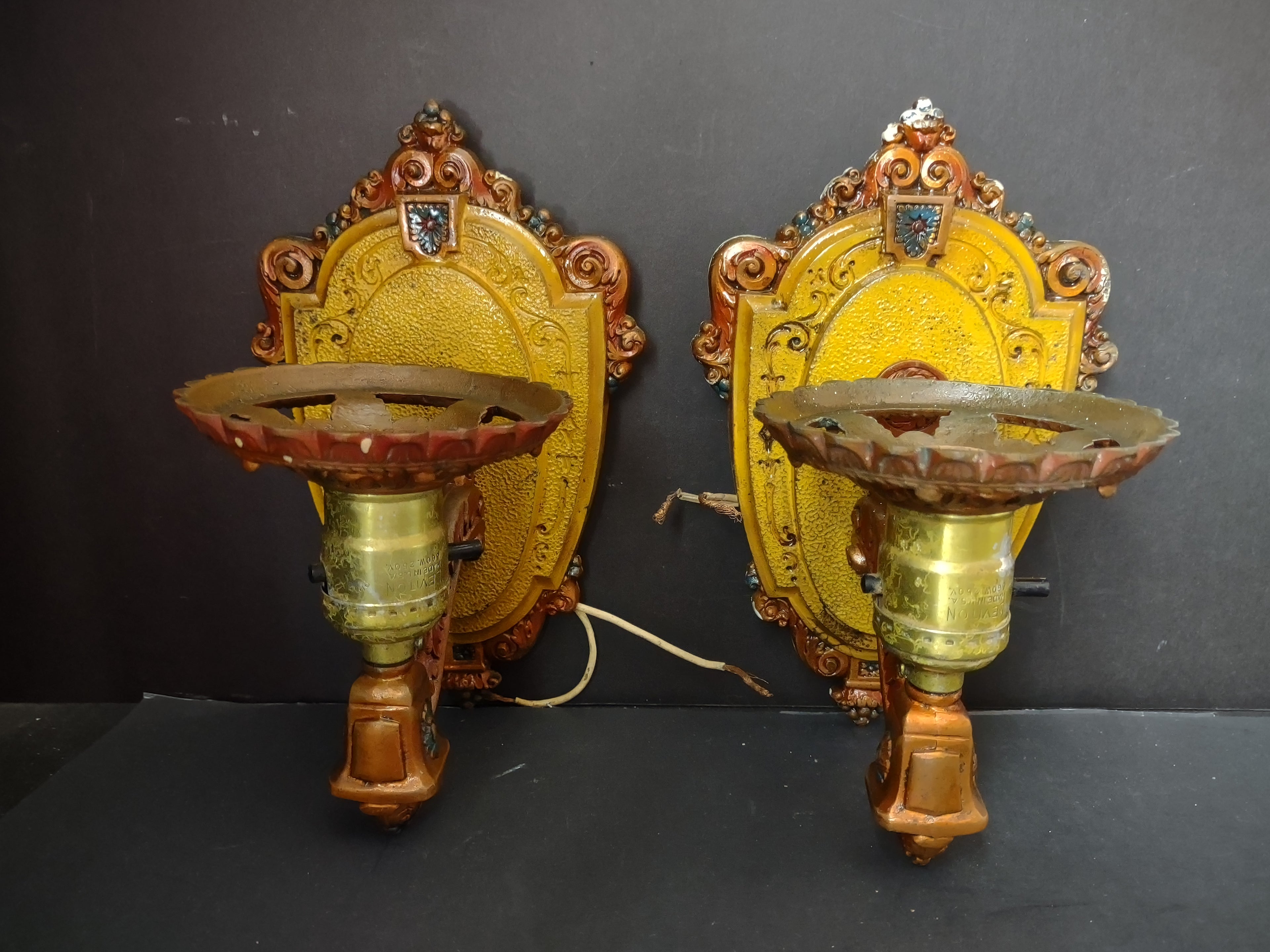 Vintage Art Deco Wall Sconces Pair Gold Brown Polychrome Cast Metal [6471]