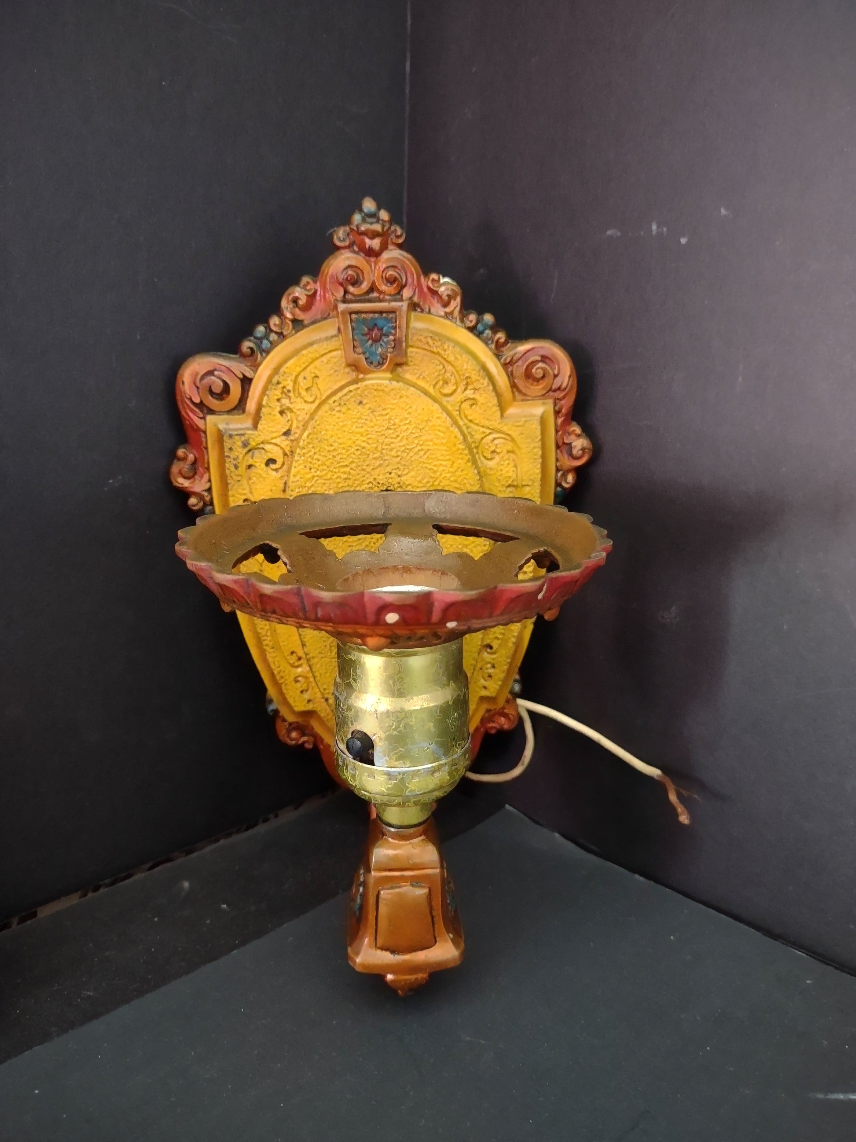 Vintage Art Deco Wall Sconces Pair Gold Brown Polychrome Cast Metal [6471]