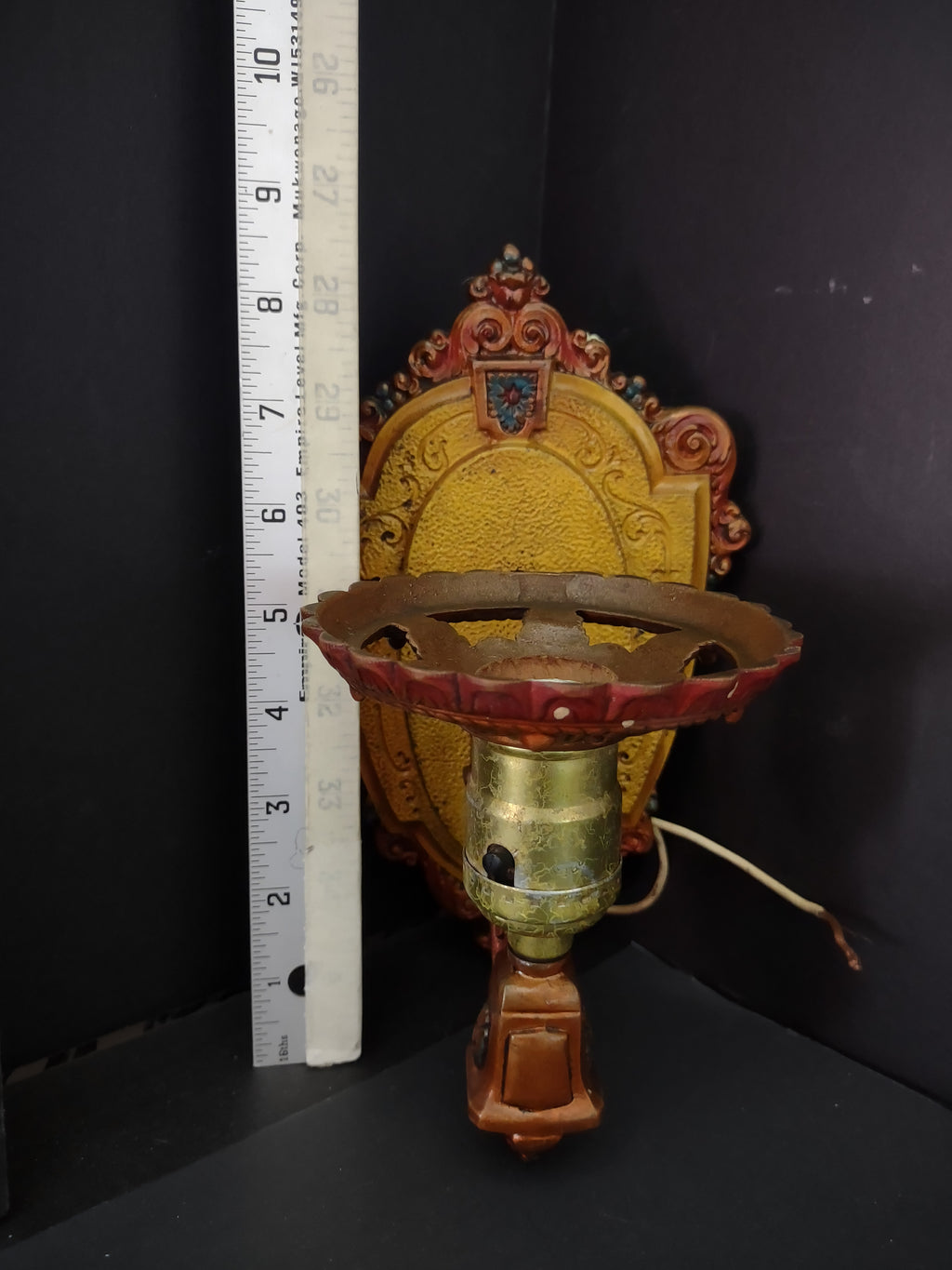 Vintage Art Deco Wall Sconces Pair Gold Brown Polychrome Cast Metal [6471]