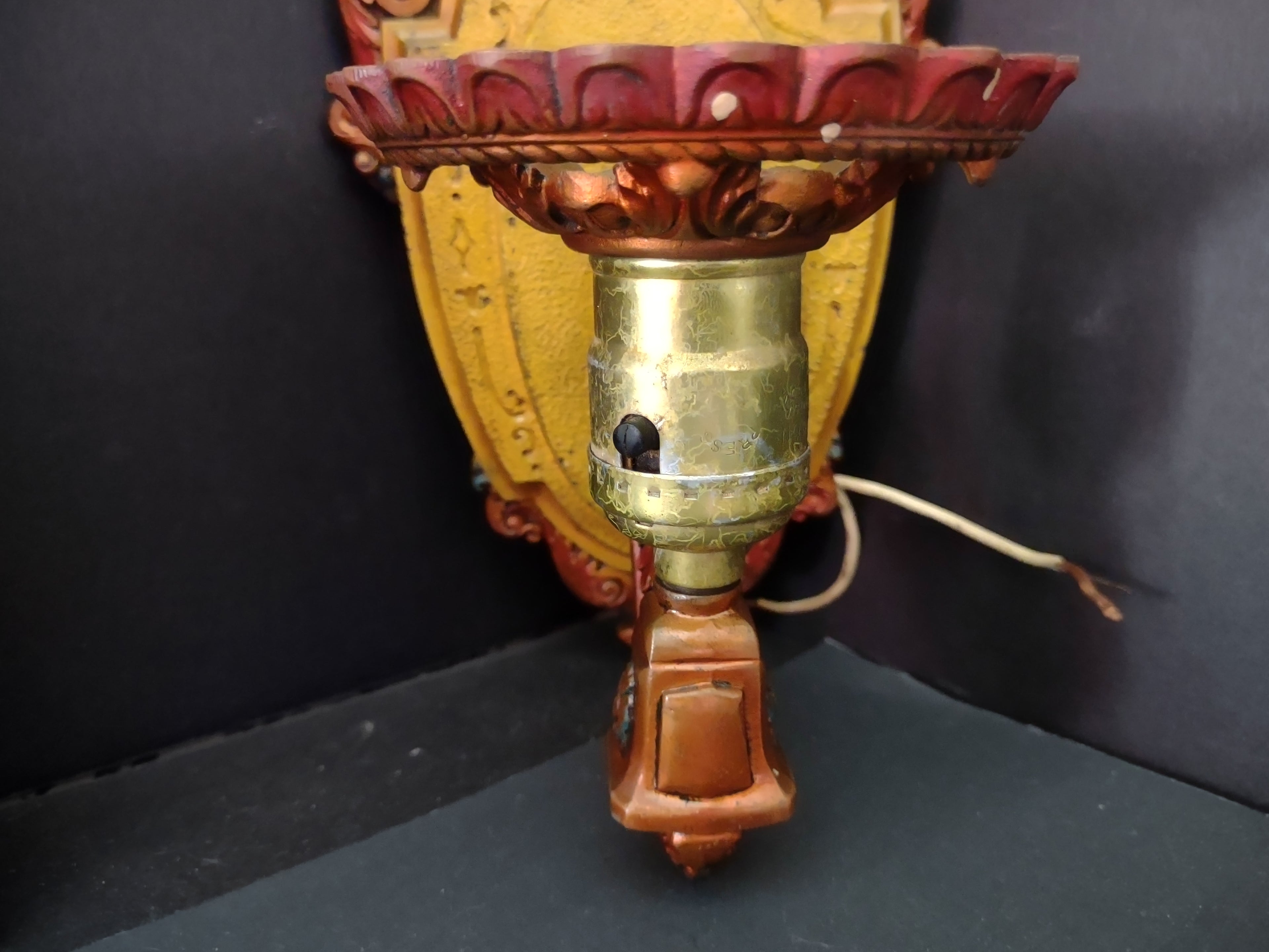 Vintage Art Deco Wall Sconces Pair Gold Brown Polychrome Cast Metal [6471]