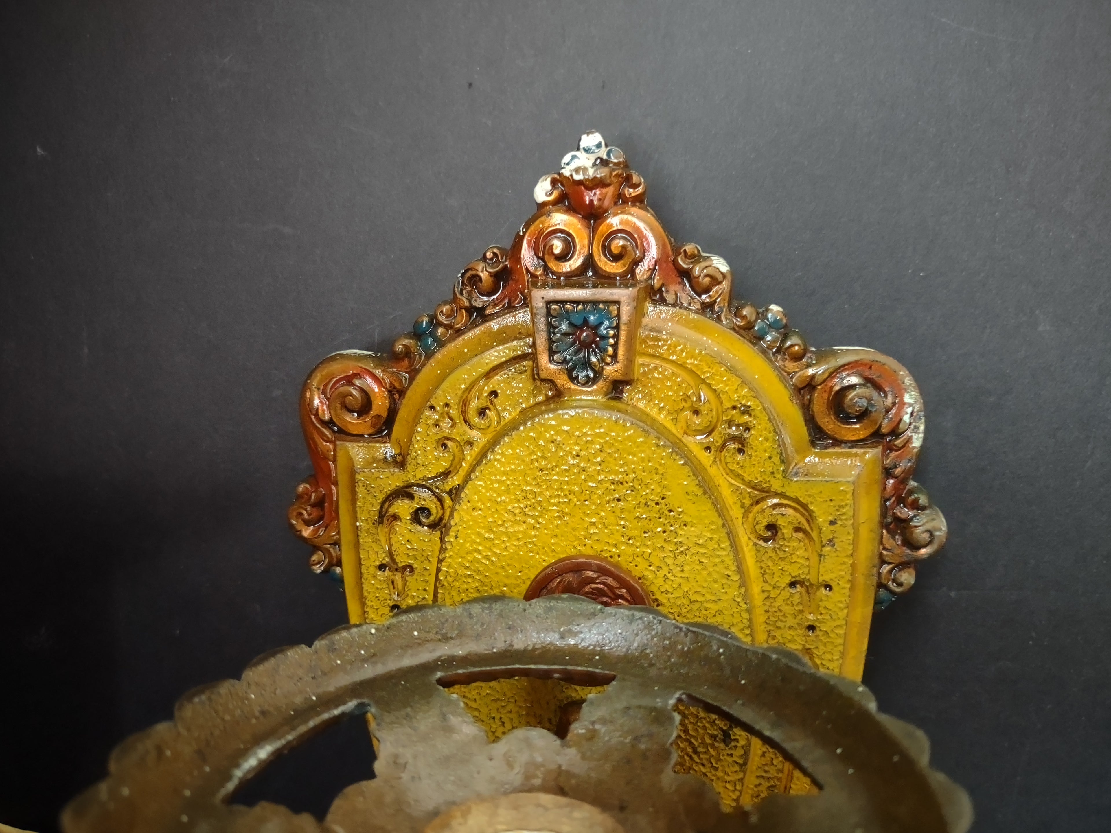 Vintage Art Deco Wall Sconces Pair Gold Brown Polychrome Cast Metal [6471]