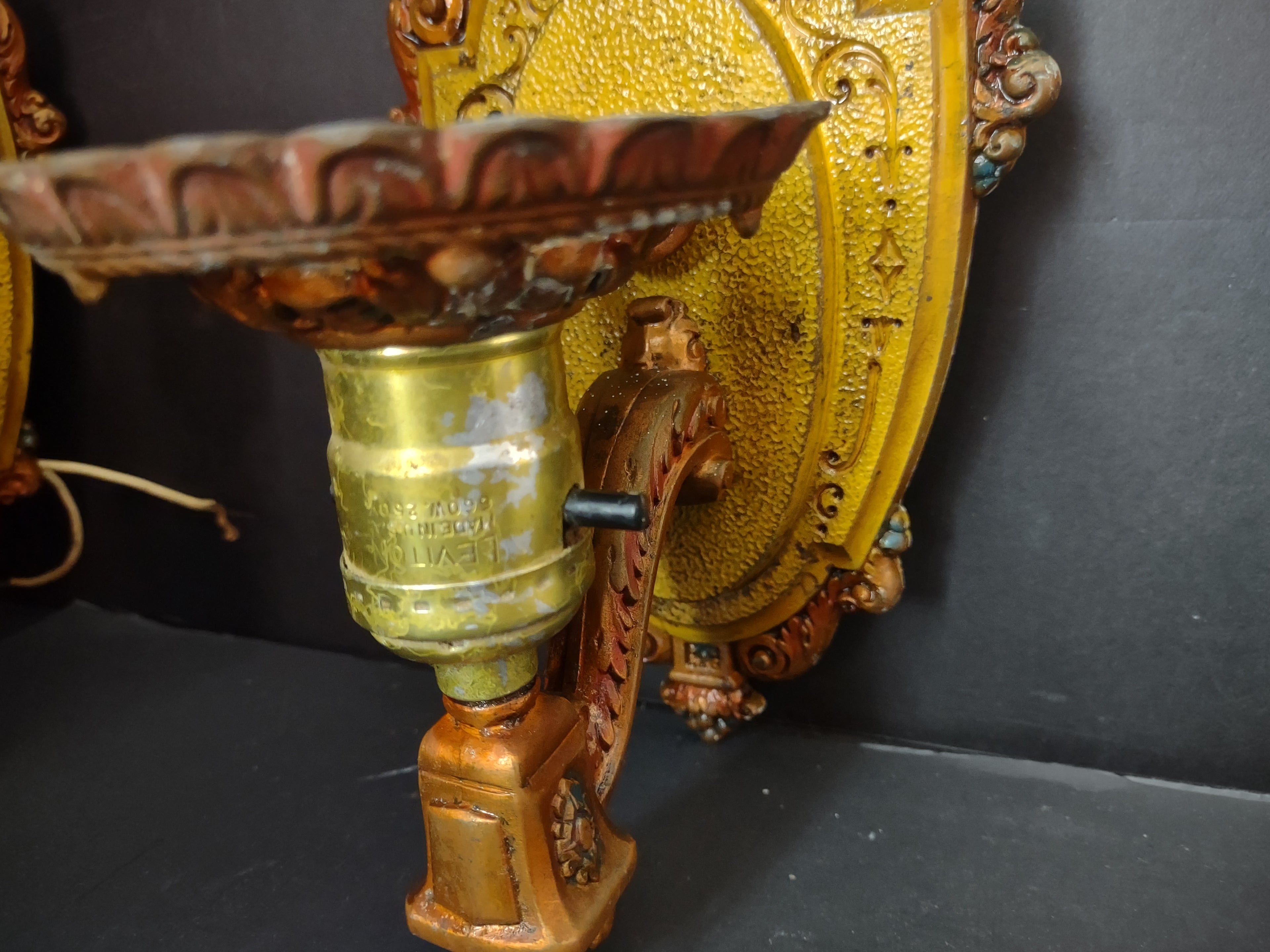 Vintage Art Deco Wall Sconces Pair Gold Brown Polychrome Cast Metal [6471]