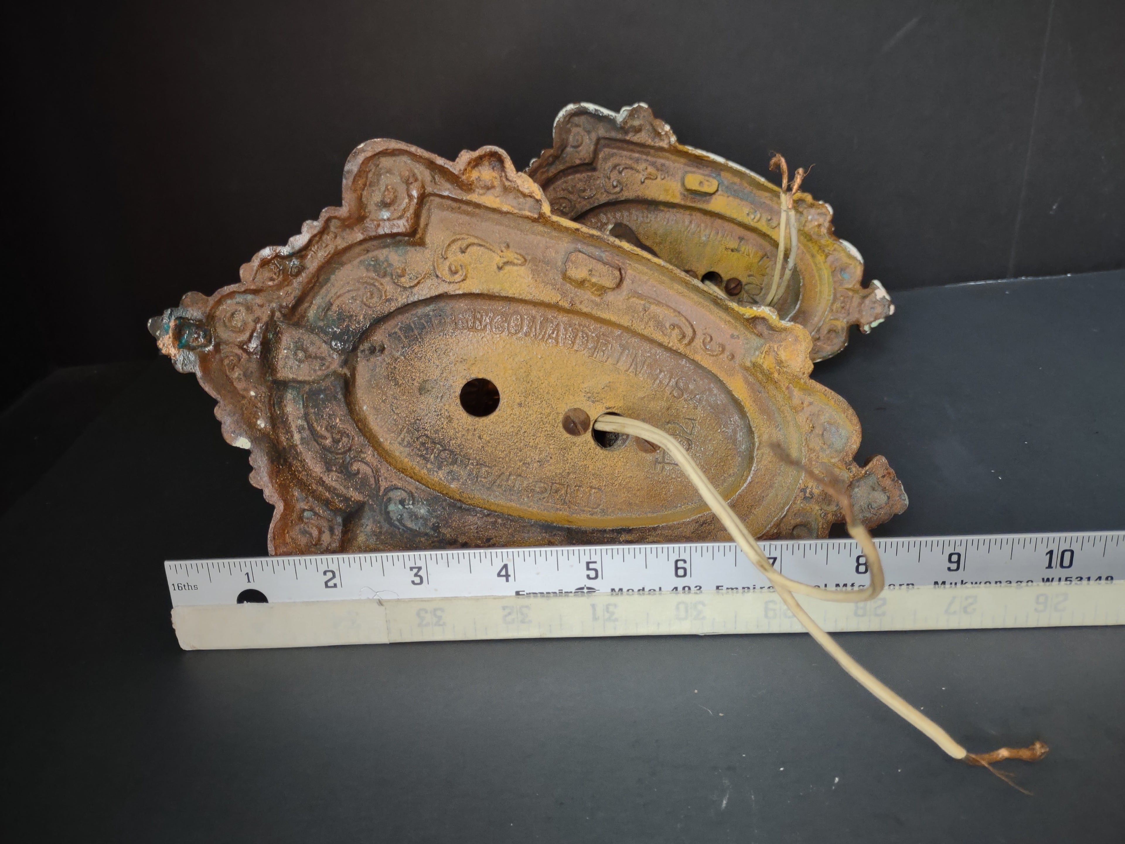 Vintage Art Deco Wall Sconces Pair Gold Brown Polychrome Cast Metal [6471]