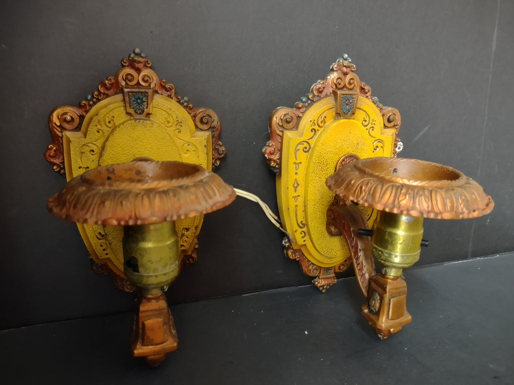 Vintage Art Deco Wall Sconces Pair Yellow Gold Riddle Co USA Cast Metal [6472]