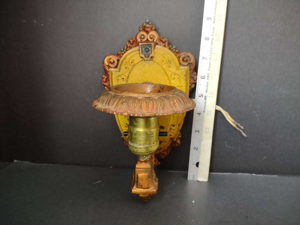 Vintage Art Deco Wall Sconces Pair Yellow Gold Riddle Co USA Cast Metal [6472]