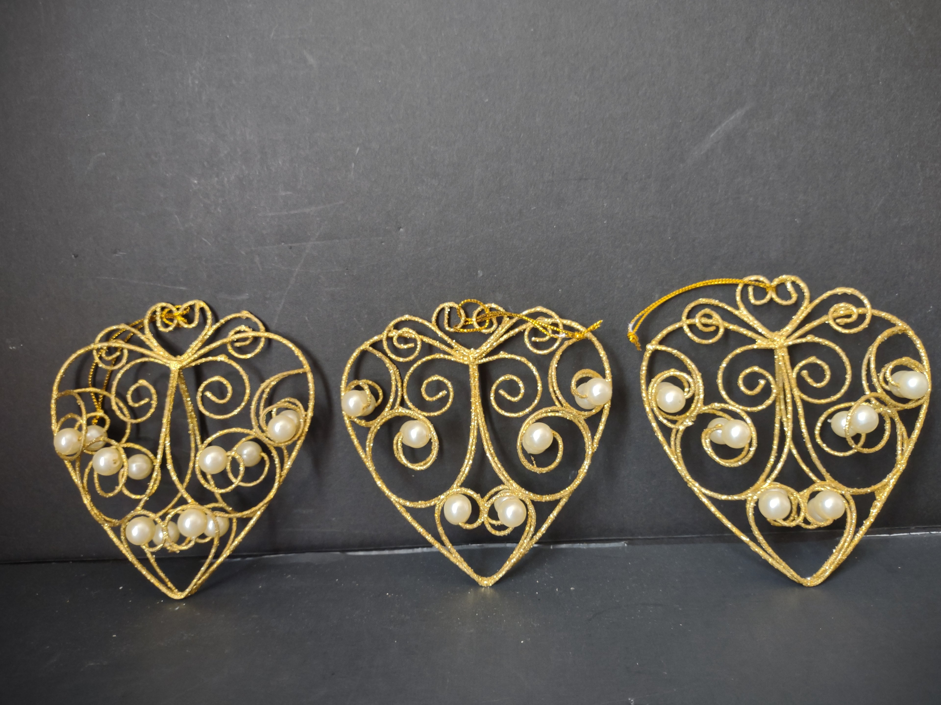 Vintage Golden Wire Filigree Pearl Heart Christmas Ornaments Set of 3 [4850]