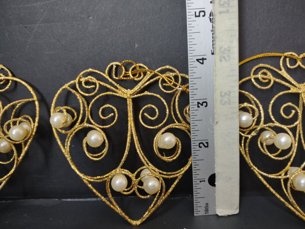 Vintage Golden Wire Filigree Pearl Heart Christmas Ornaments Set of 3 [4850]