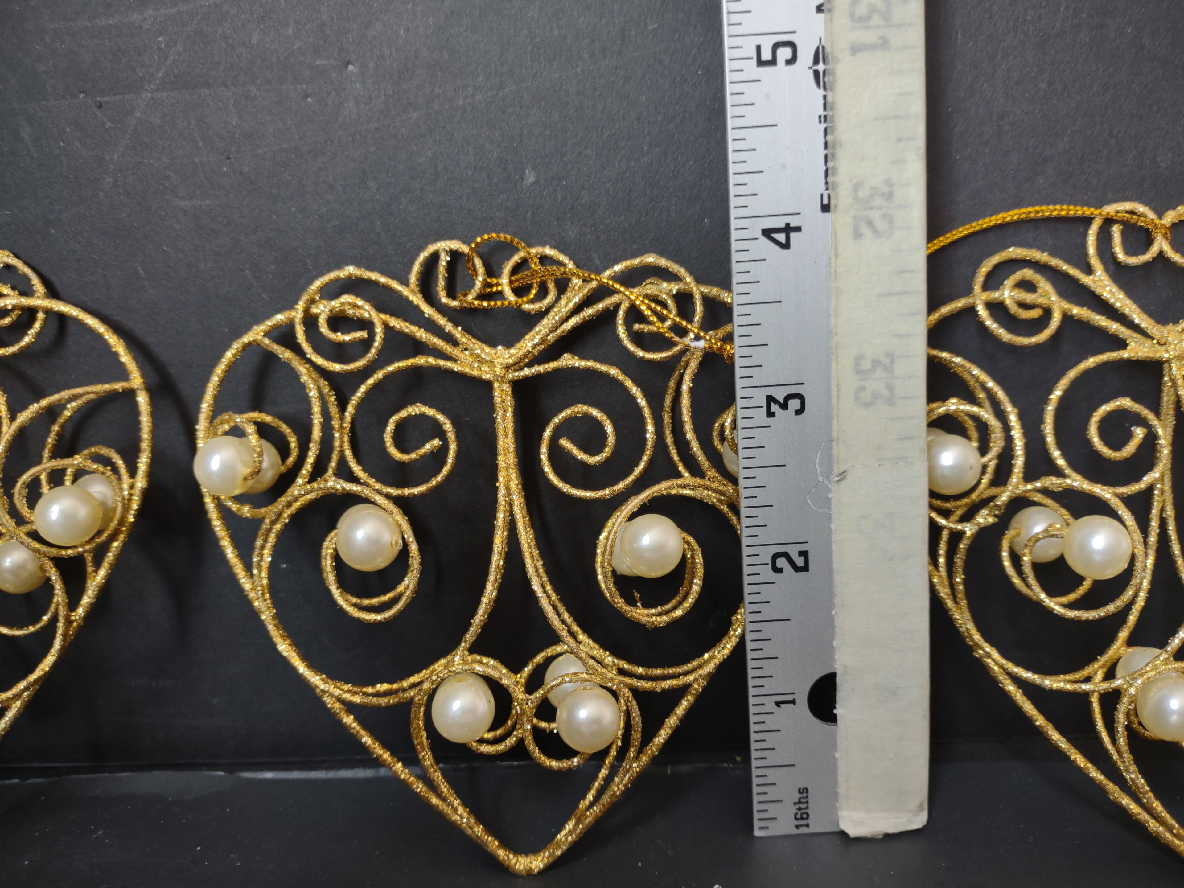 Vintage Golden Wire Filigree Pearl Heart Christmas Ornaments Set of 3 [4850]