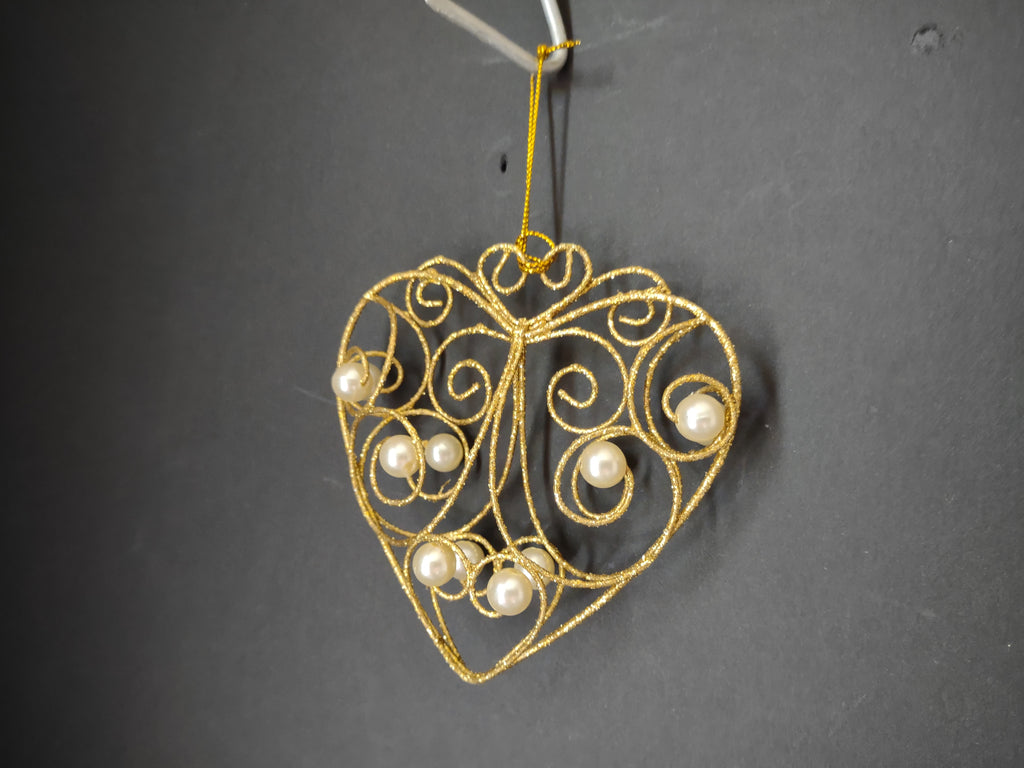 Vintage Golden Wire Filigree Pearl Heart Christmas Ornaments Set of 3 [4850]