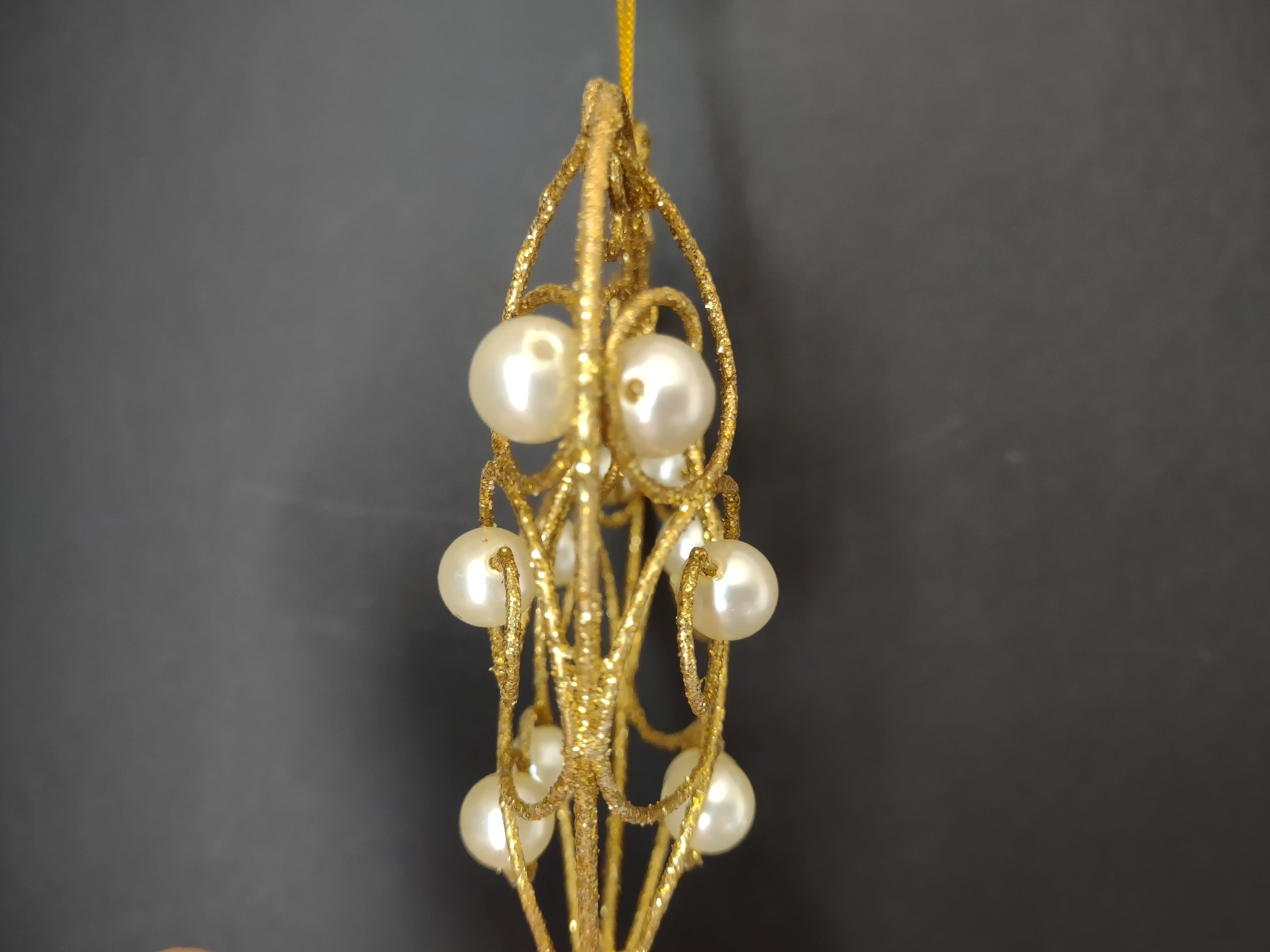 Vintage Golden Wire Filigree Pearl Heart Christmas Ornaments Set of 3 [4850]