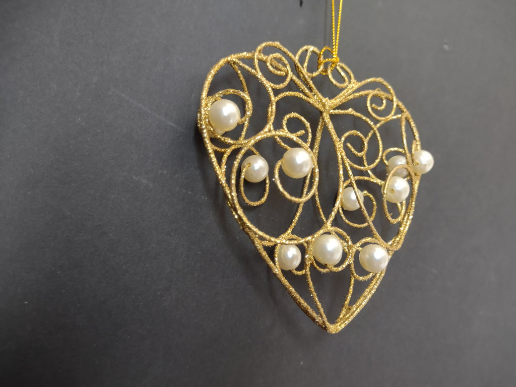 Vintage Golden Wire Filigree Pearl Heart Christmas Ornaments Set of 3 [4850]