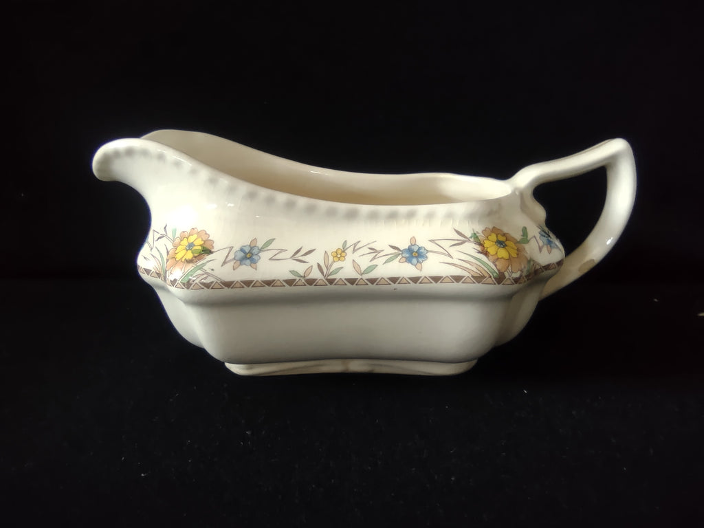 Vintage Steubenville Gravy Sauce Boat Blue Yellow Floral Cream Ceramic [6476]