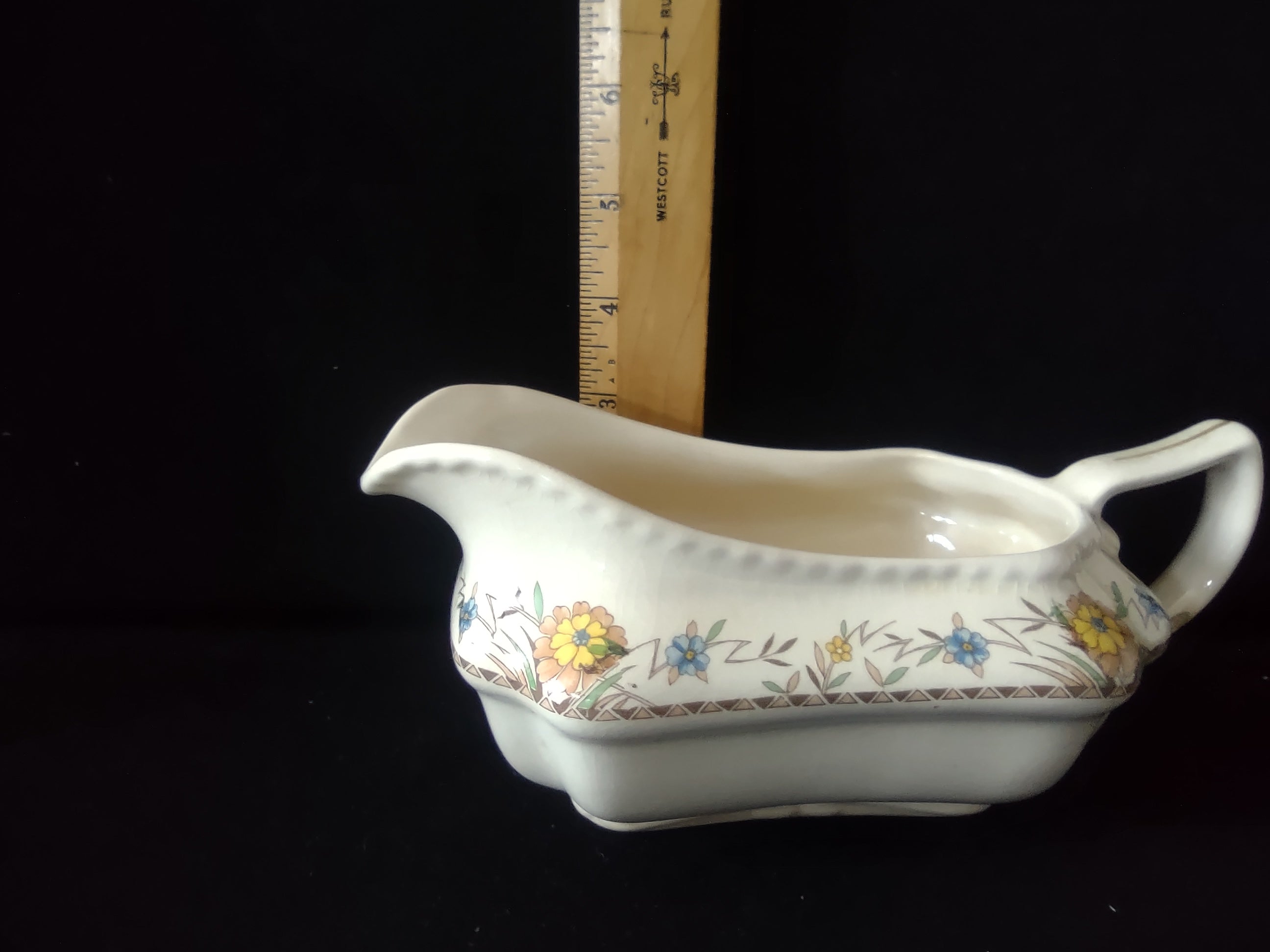 Vintage Steubenville Gravy Sauce Boat Blue Yellow Floral Cream Ceramic [6476]