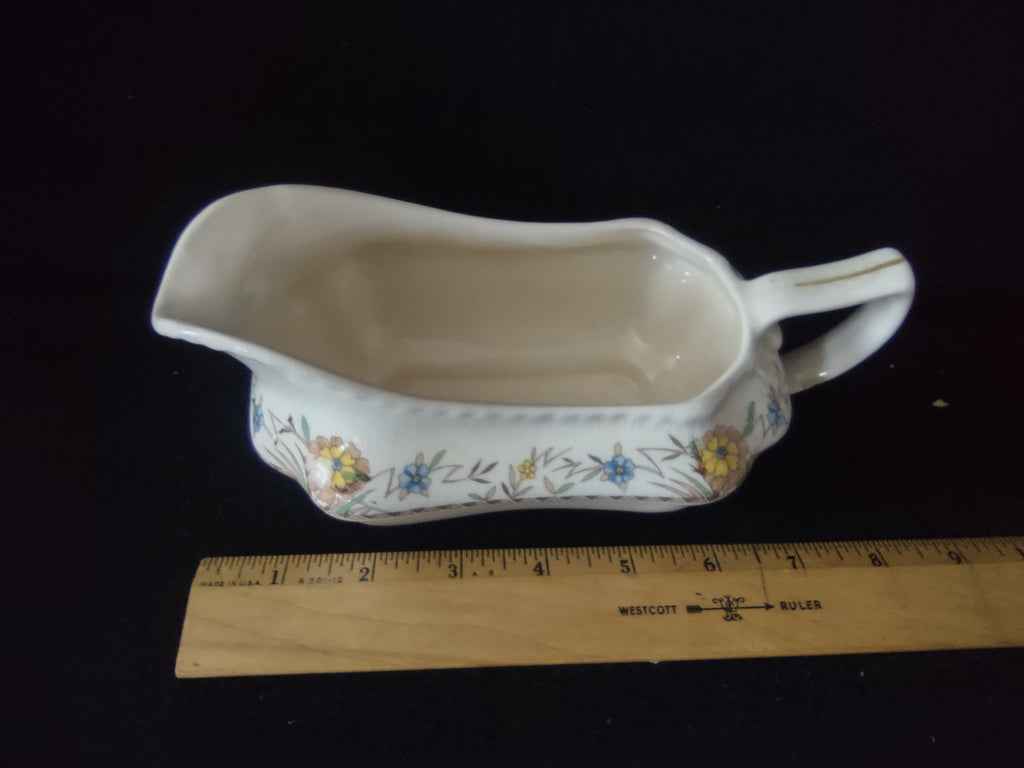 Vintage Steubenville Gravy Sauce Boat Blue Yellow Floral Cream Ceramic [6476]