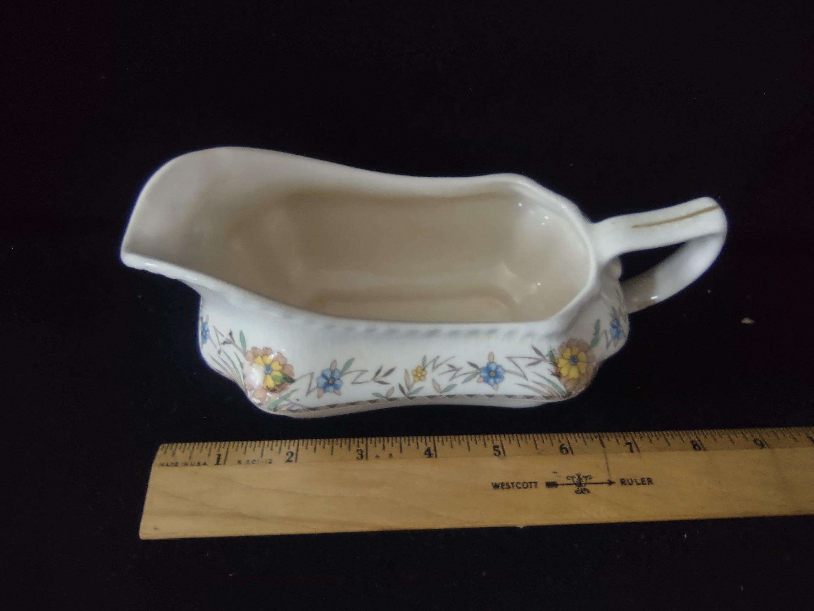 Vintage Steubenville Gravy Sauce Boat Blue Yellow Floral Cream Ceramic [6476]