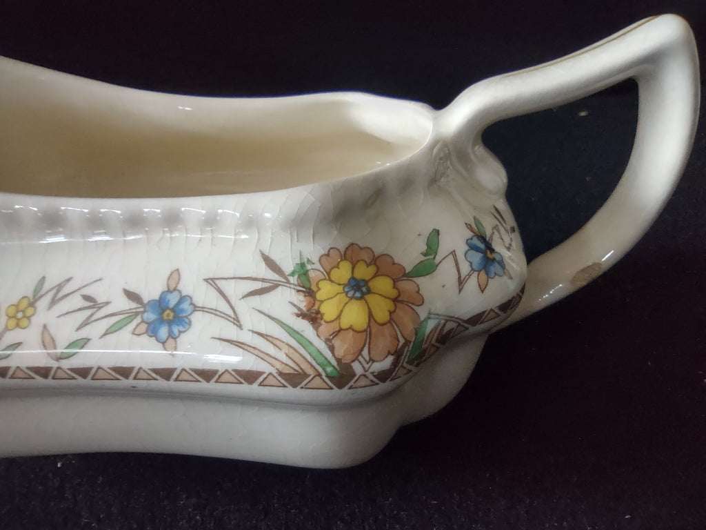 Vintage Steubenville Gravy Sauce Boat Blue Yellow Floral Cream Ceramic [6476]