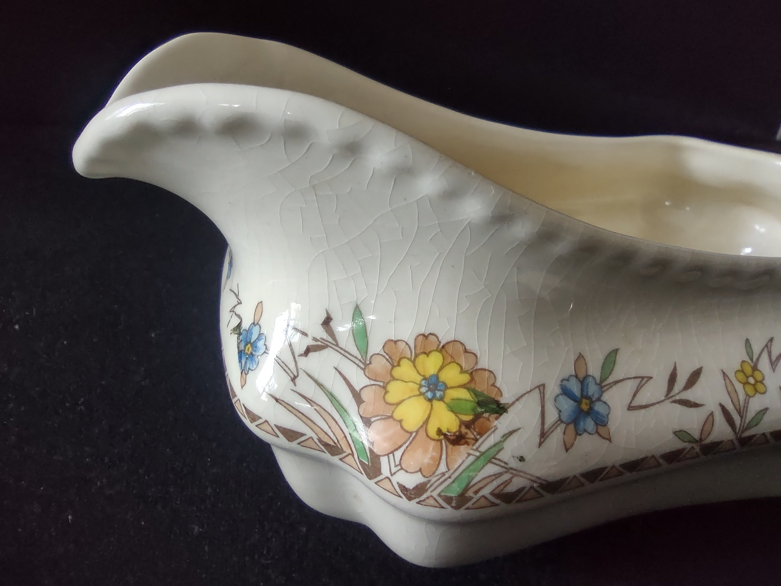 Vintage Steubenville Gravy Sauce Boat Blue Yellow Floral Cream Ceramic [6476]