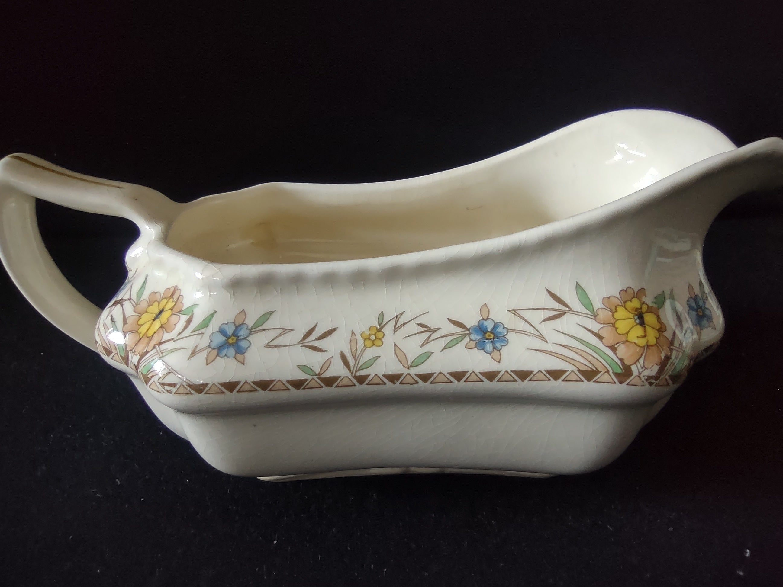 Vintage Steubenville Gravy Sauce Boat Blue Yellow Floral Cream Ceramic [6476]